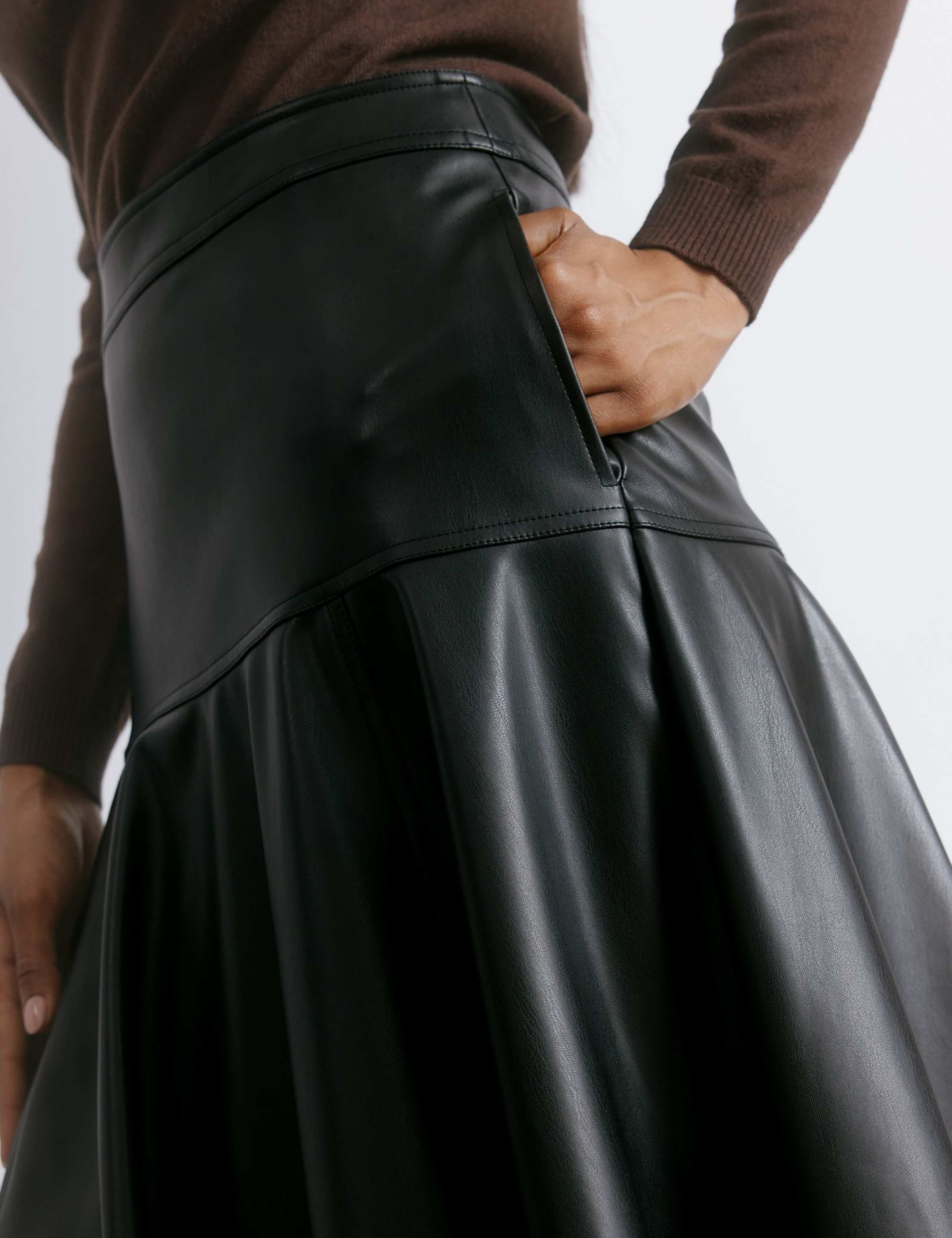 Faux Leather Drop Waist Midi A-Line Skirt 5 of 6