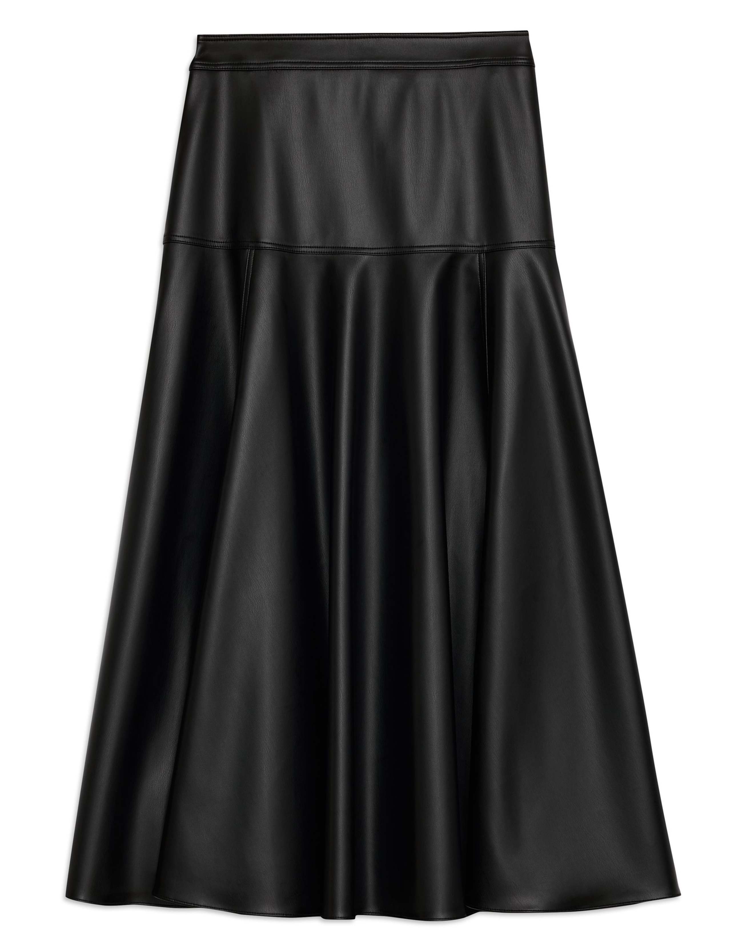 Faux Leather Drop Waist Midi A-Line Skirt 2 of 6