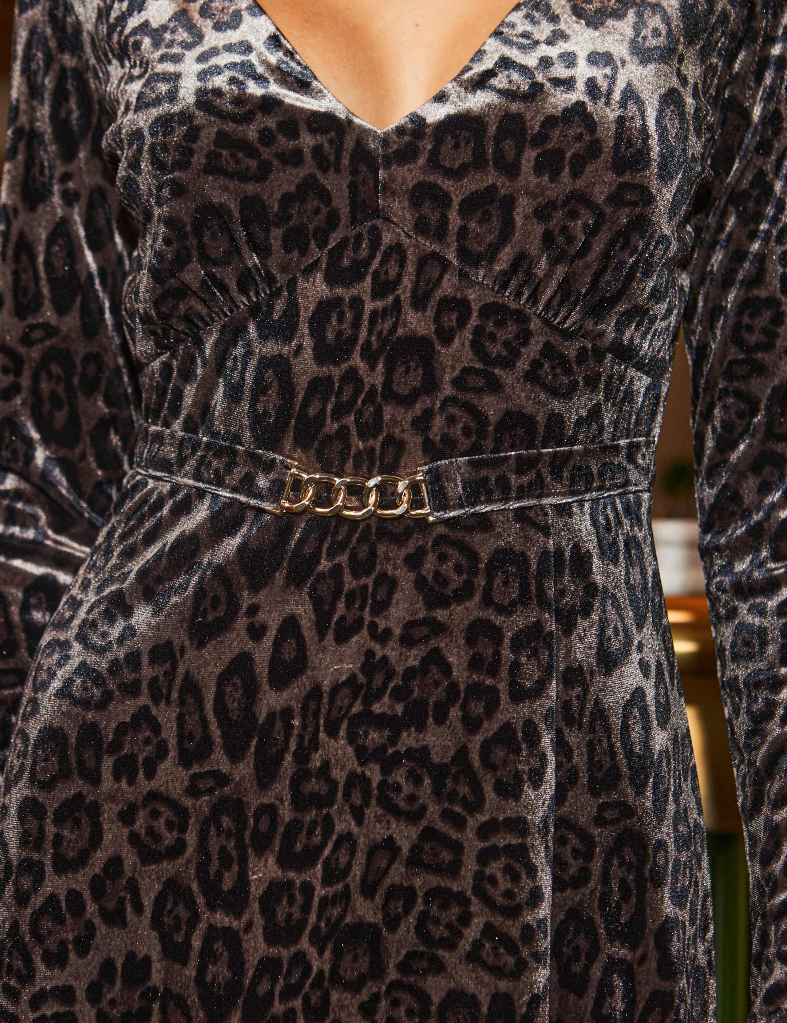 Velvet Leopard Print V-Neck Midi Skater Dress 4 of 4