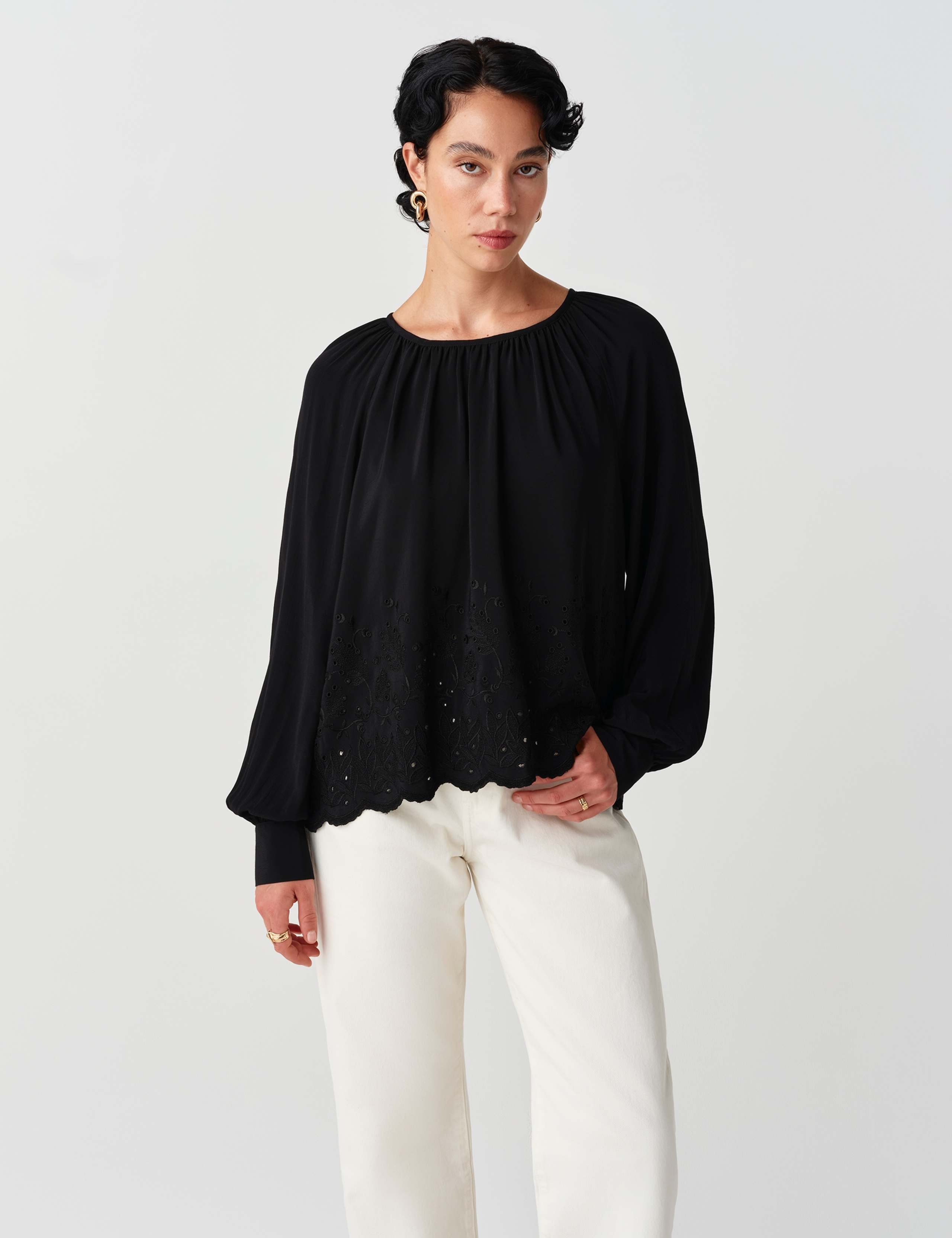 Crepe Embroidered Tie Detail Top 1 of 11
