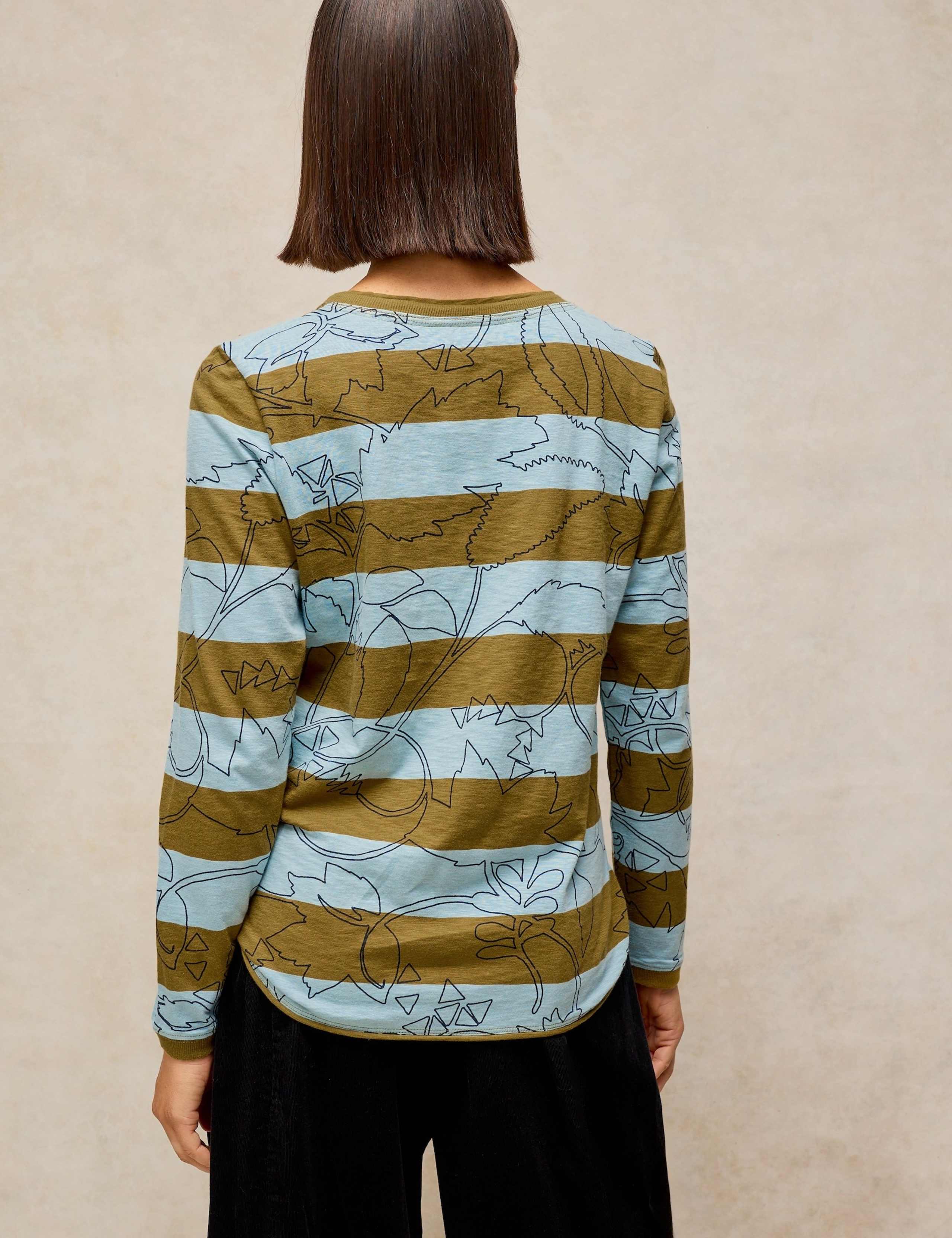 Pure Cotton Striped Floral Crew Neck Top 4 of 6