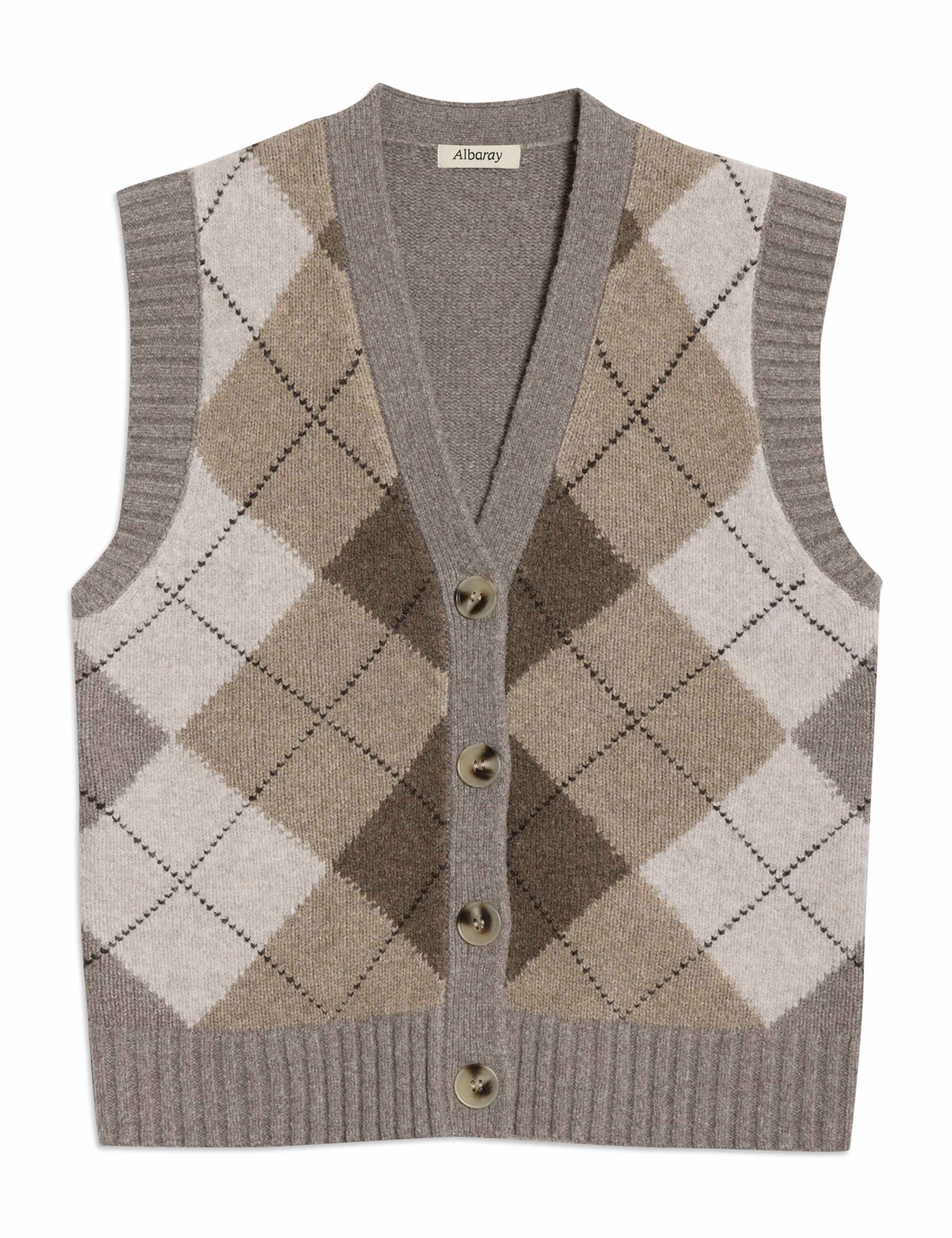 Argyle V-Neck Knitted Top with Wool 2 of 4