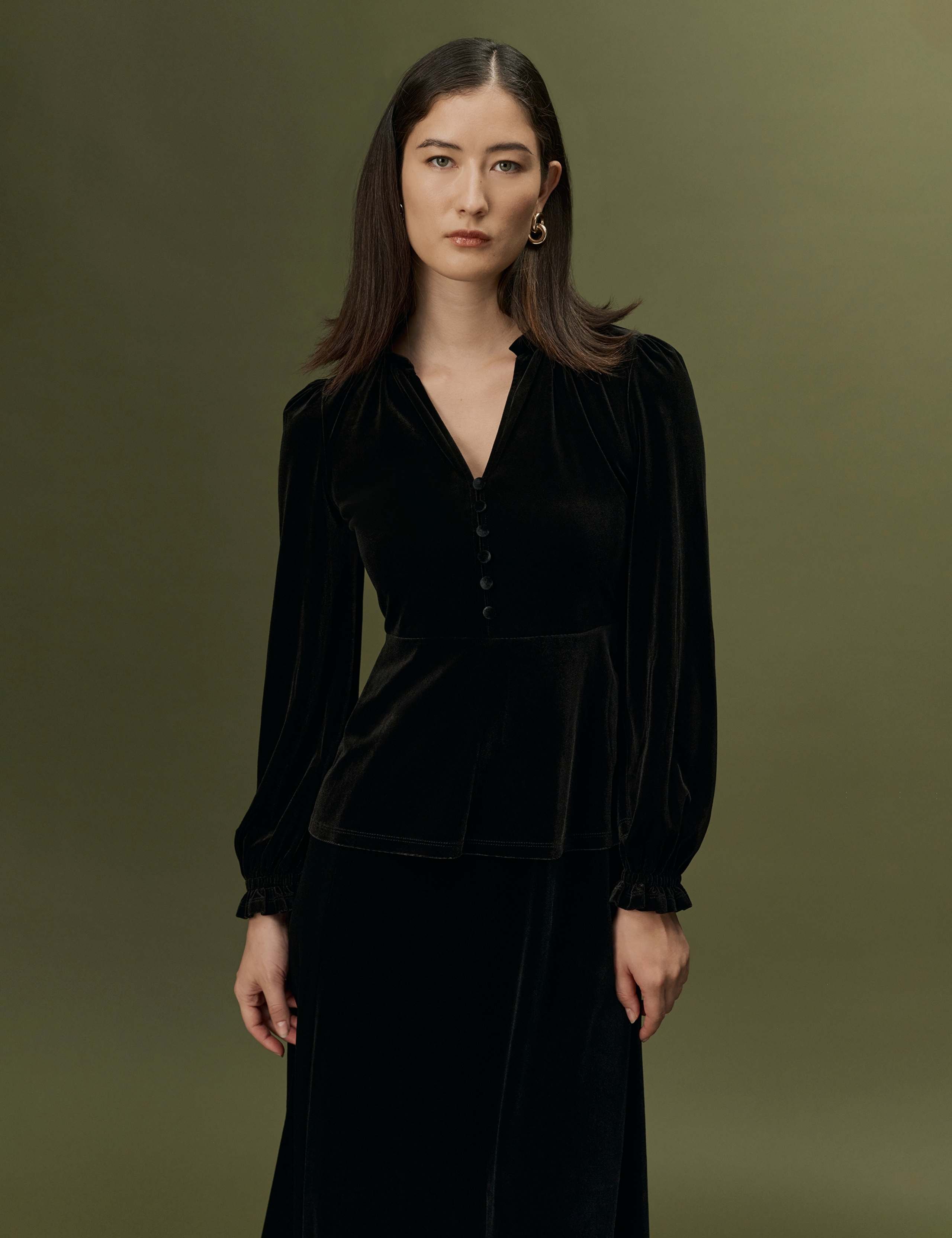 Velvet V Neck Frill Detail Top 1 of 10
