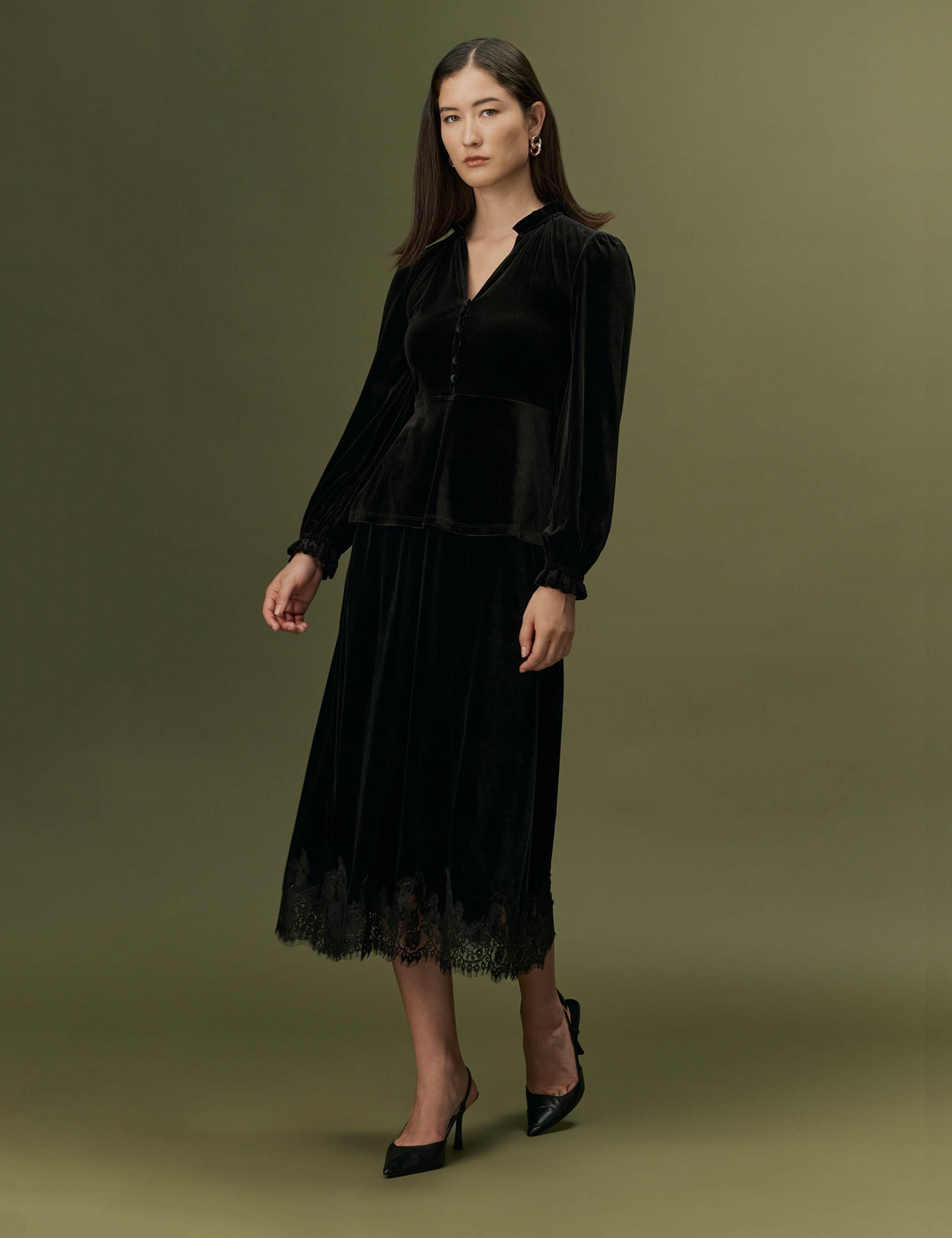 Velvet V Neck Frill Detail Top 3 of 10
