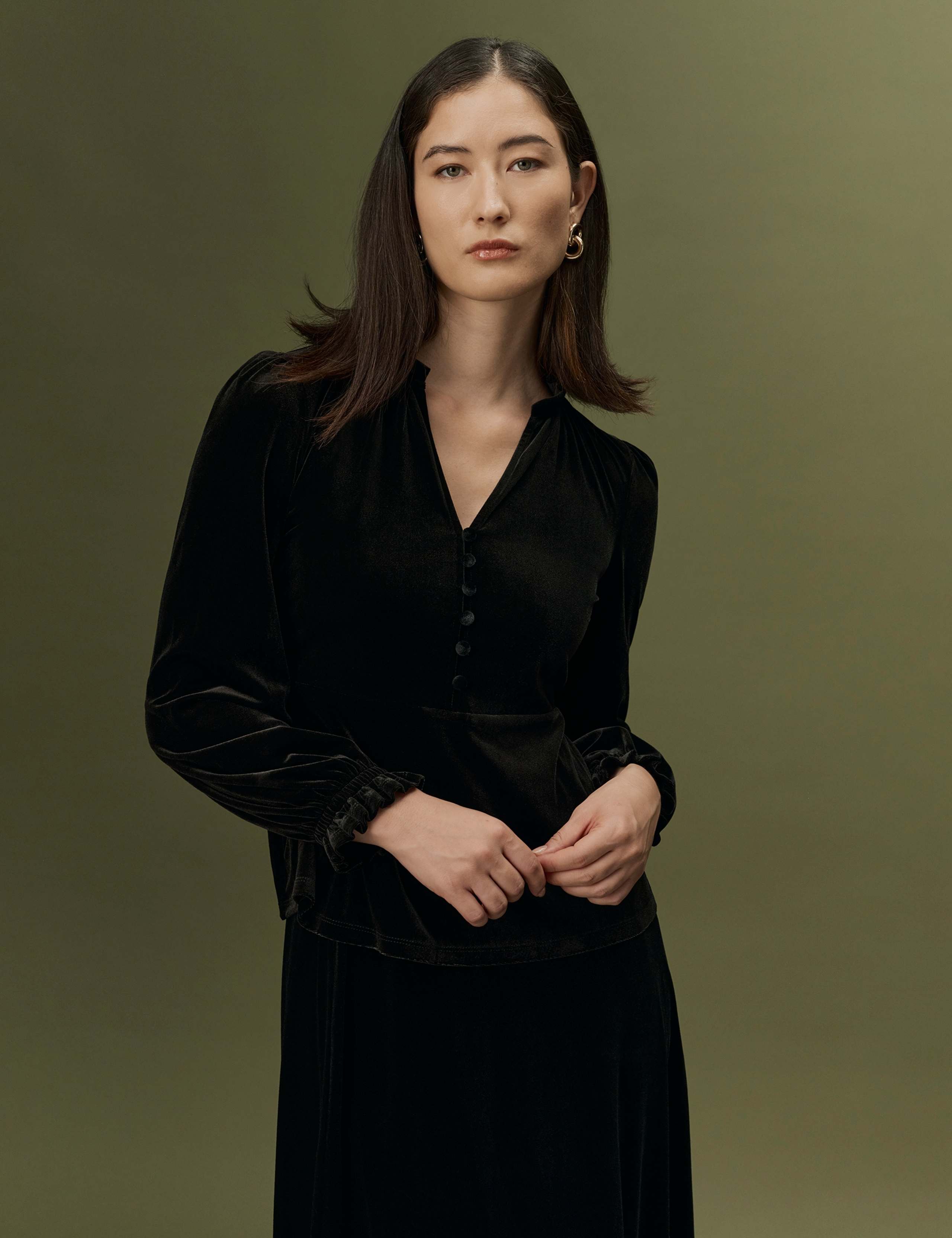 Velvet V Neck Frill Detail Top 4 of 10
