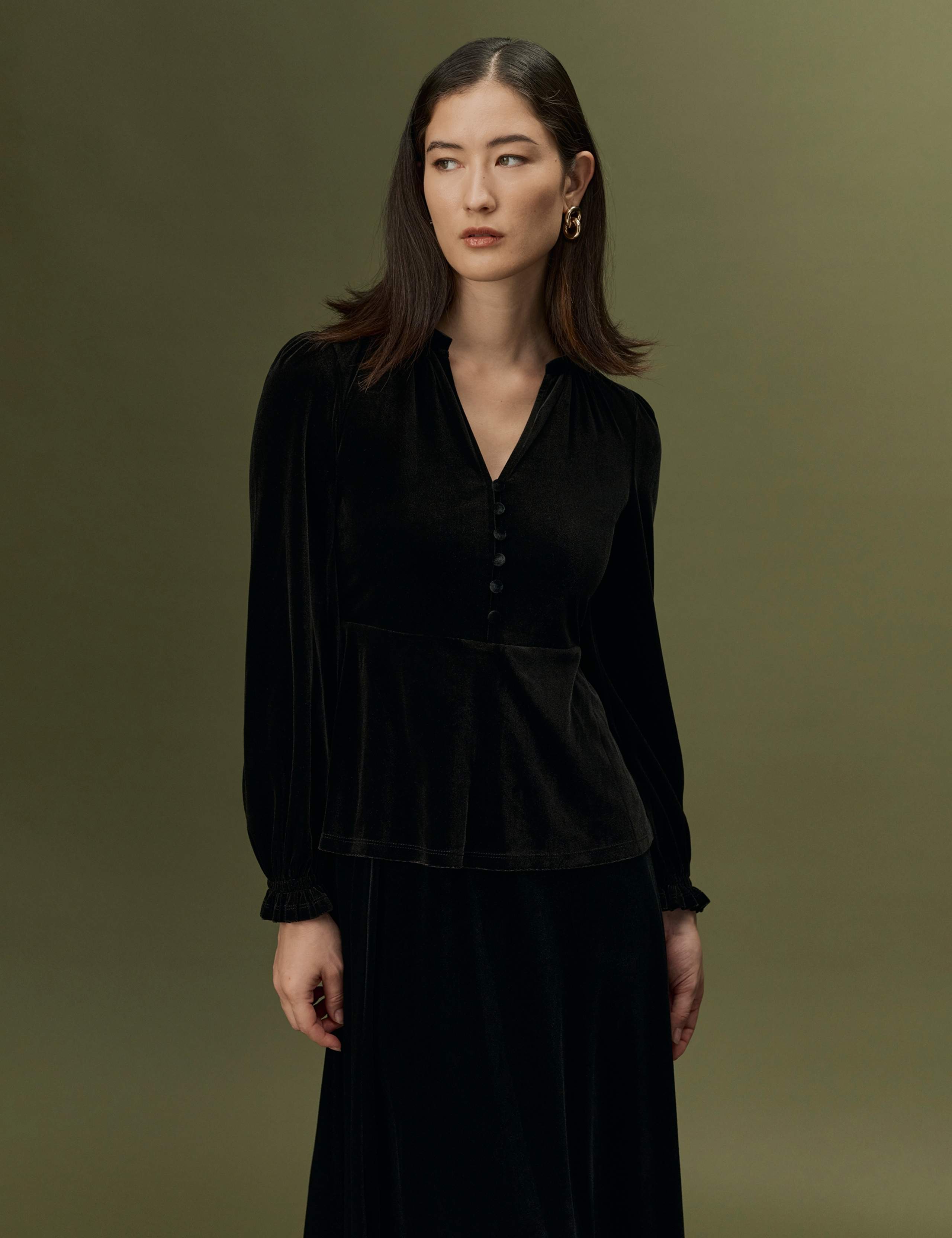 Velvet V Neck Frill Detail Top 5 of 10