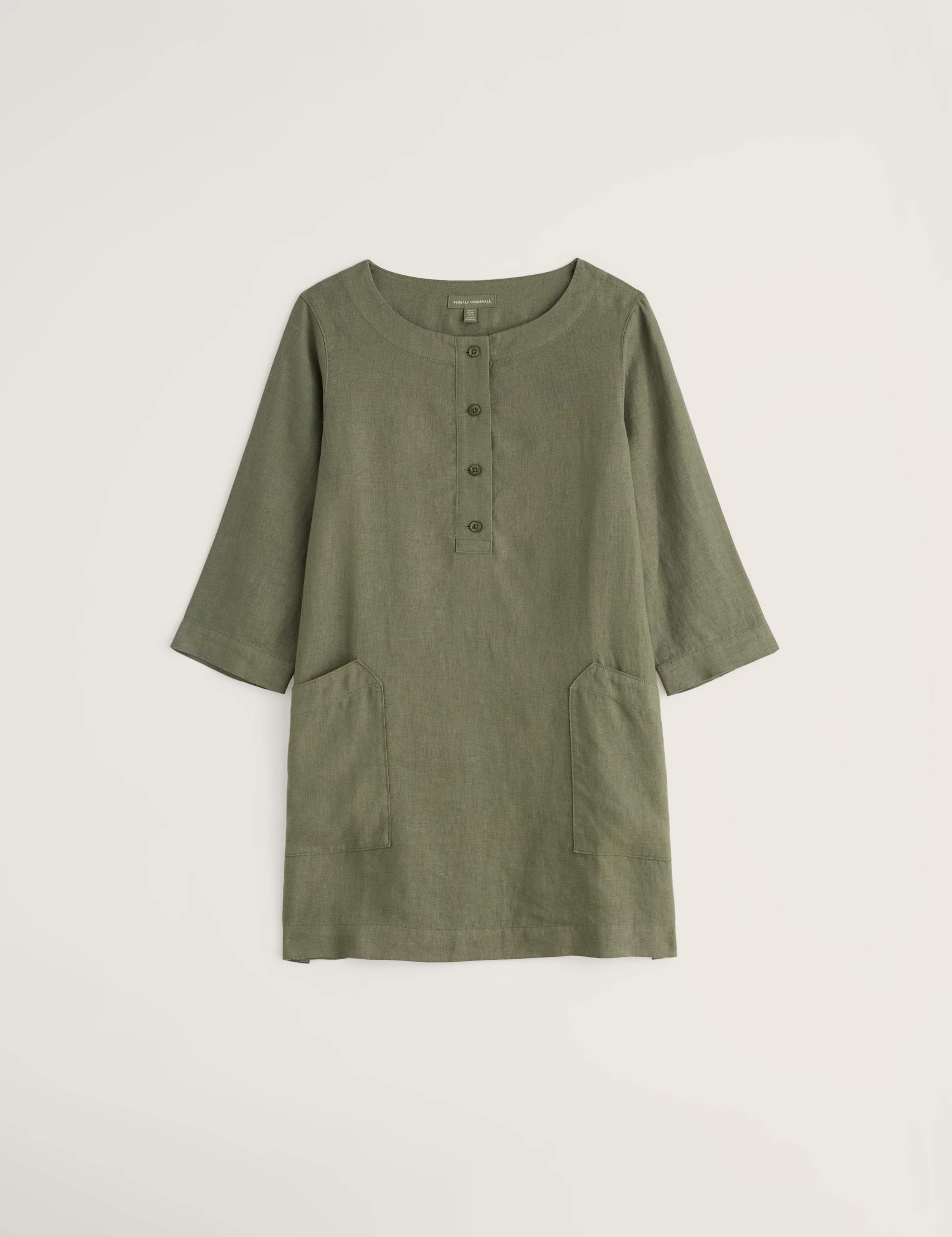 Pure Linen Scoop Neck Pocket Half Placket Tunic 2 of 5