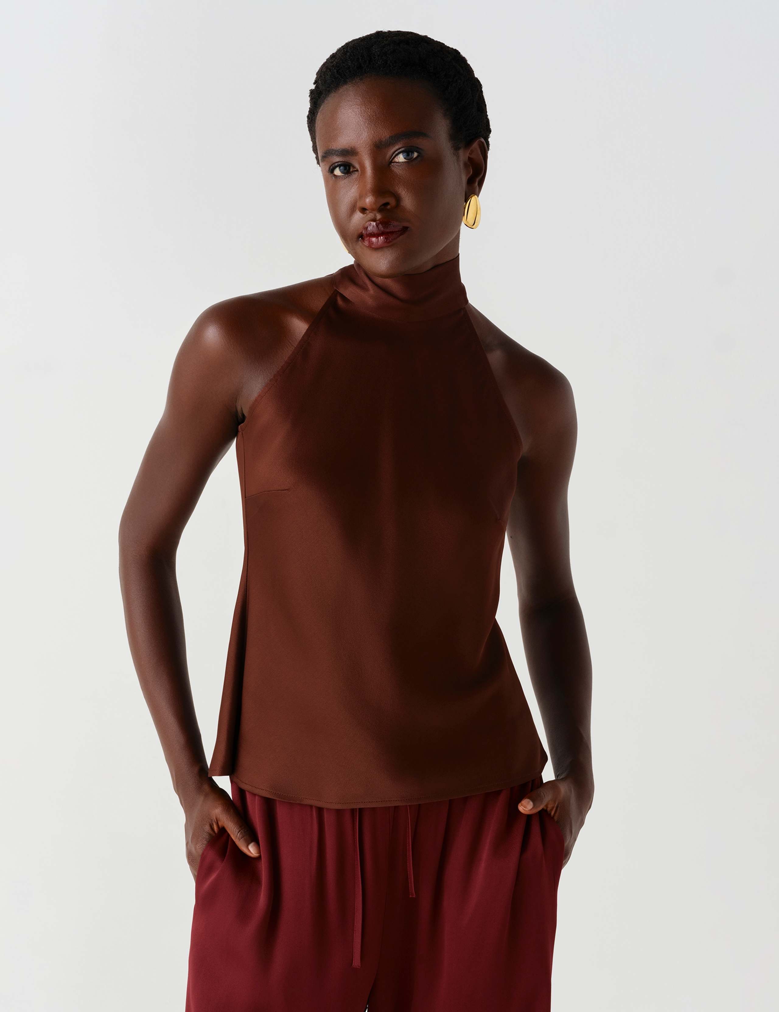 Satin Crepe High Neck Keyhole Top 1 of 5