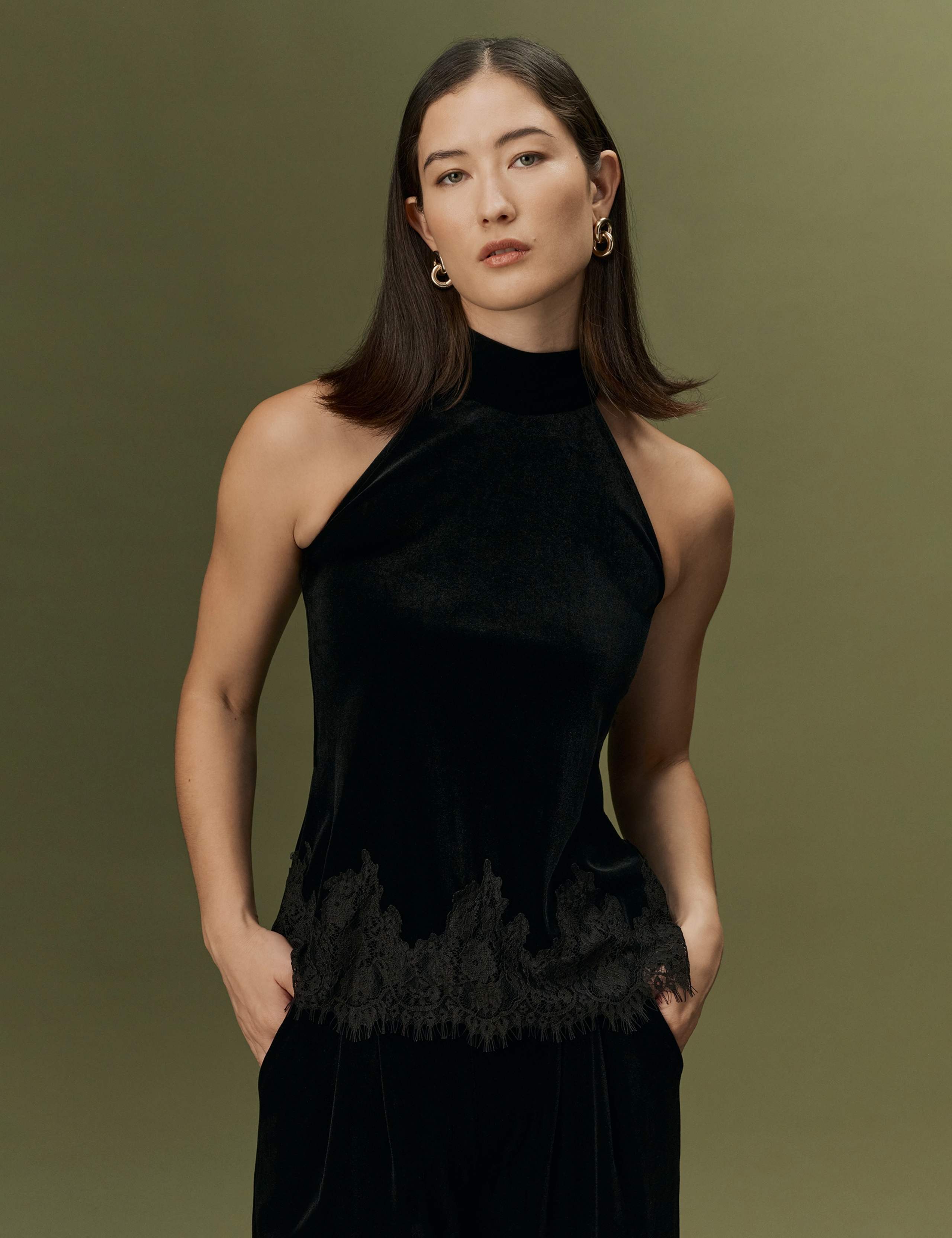 Velvet High Neck Tie Detail Top 1 of 12