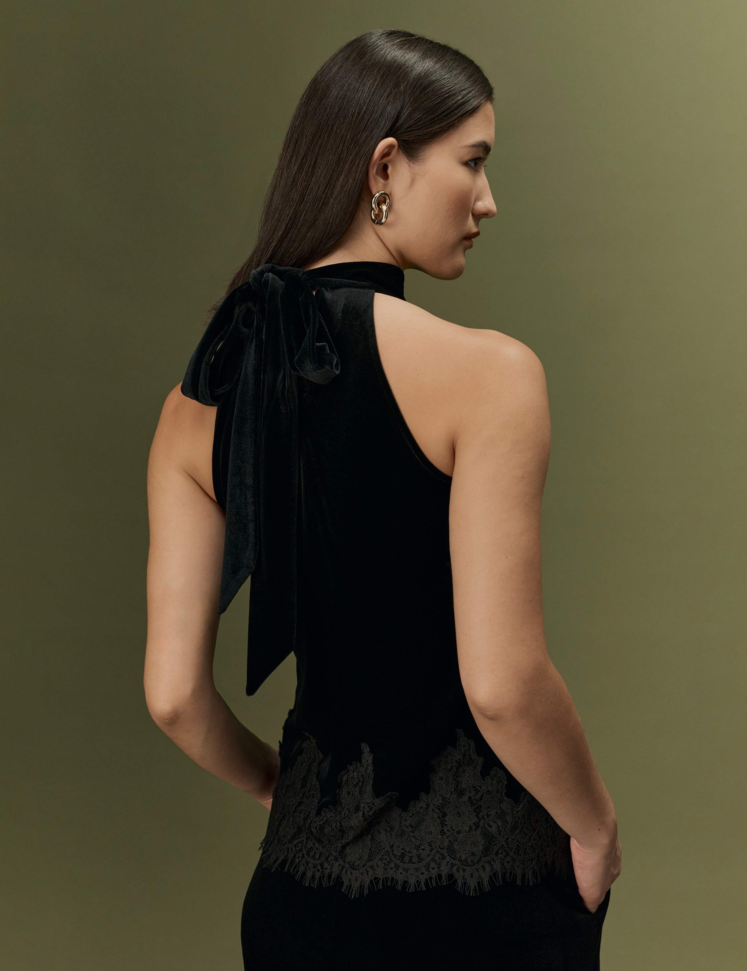 Velvet High Neck Tie Detail Top 3 of 12