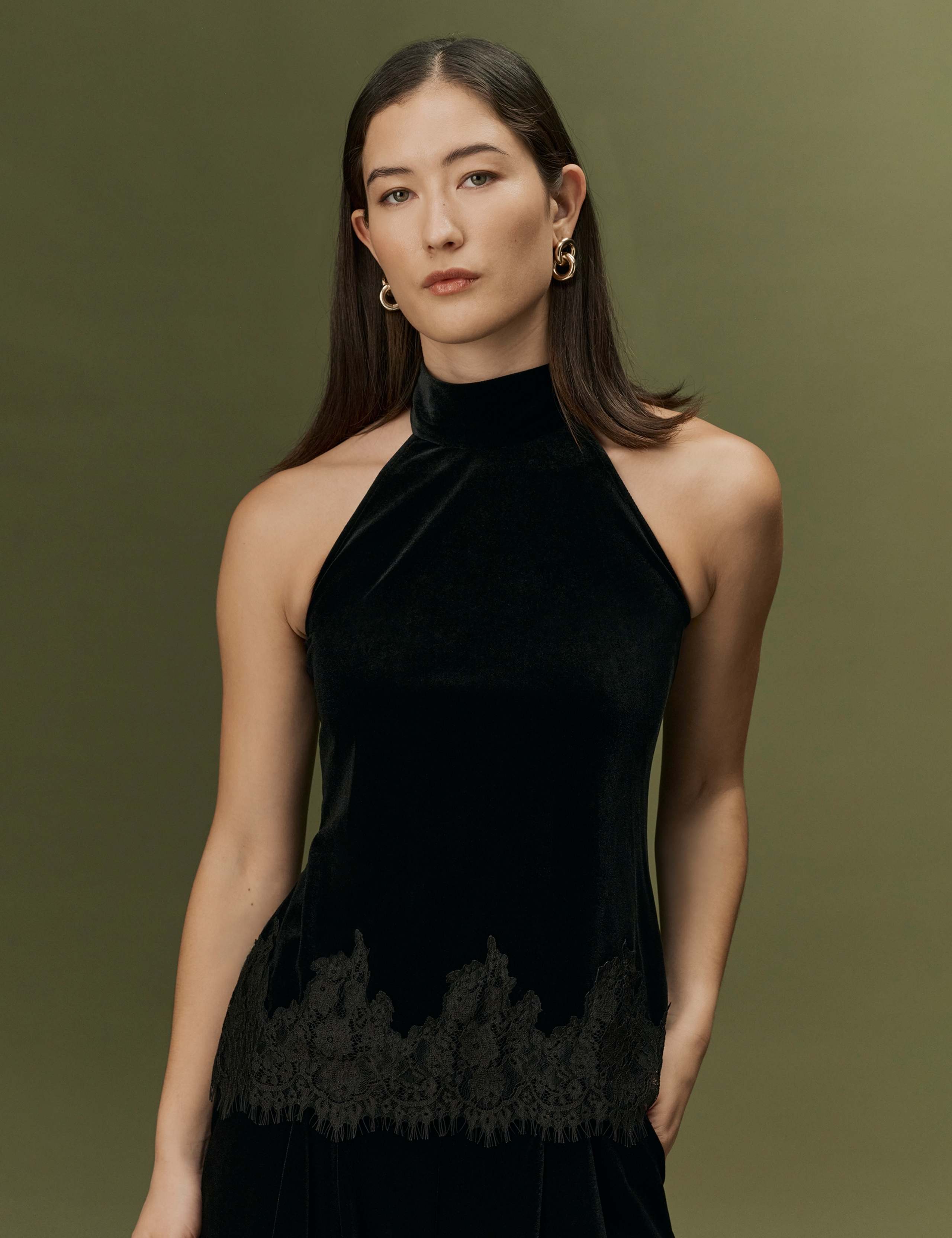 Velvet High Neck Tie Detail Top 4 of 12