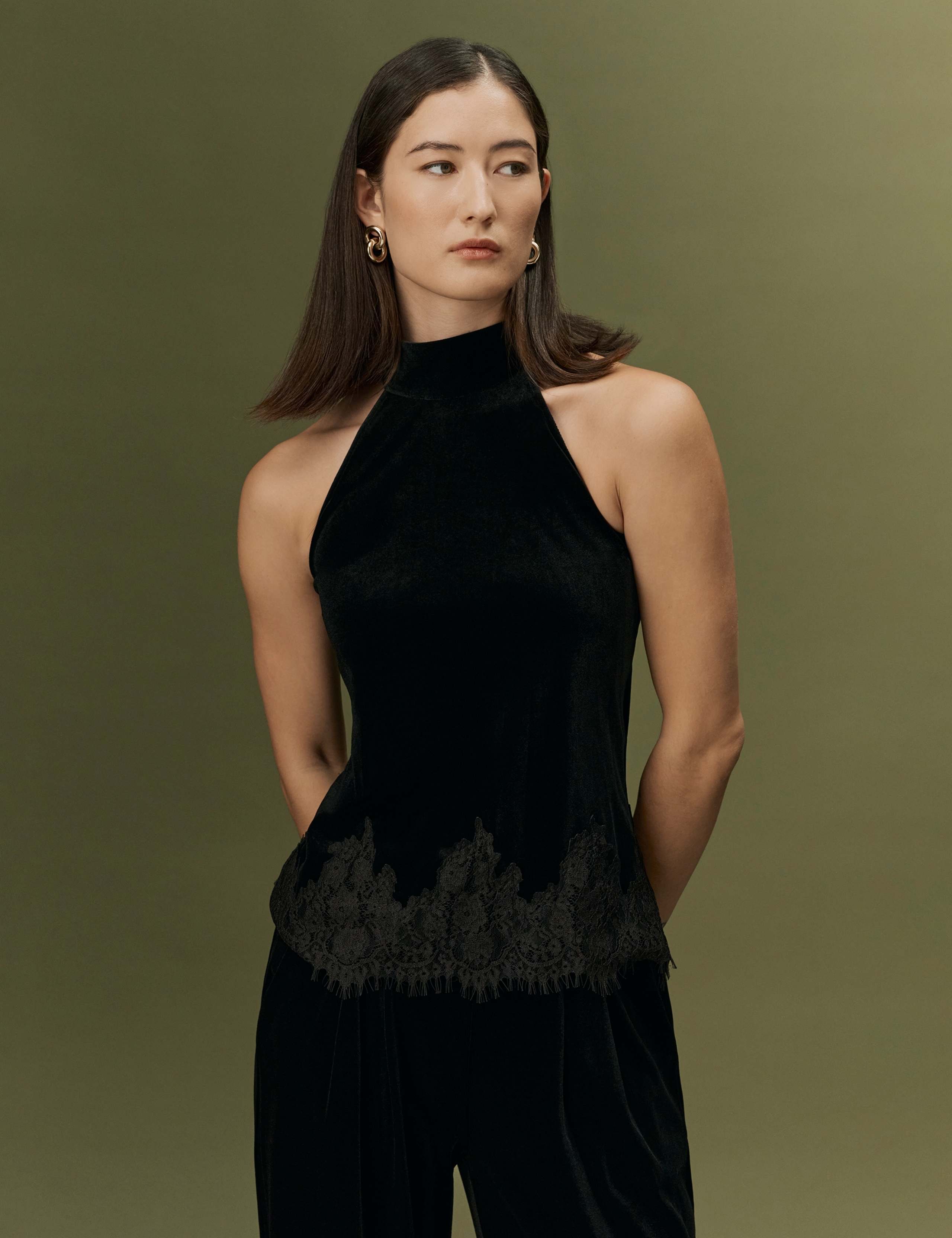 Velvet High Neck Tie Detail Top 6 of 12
