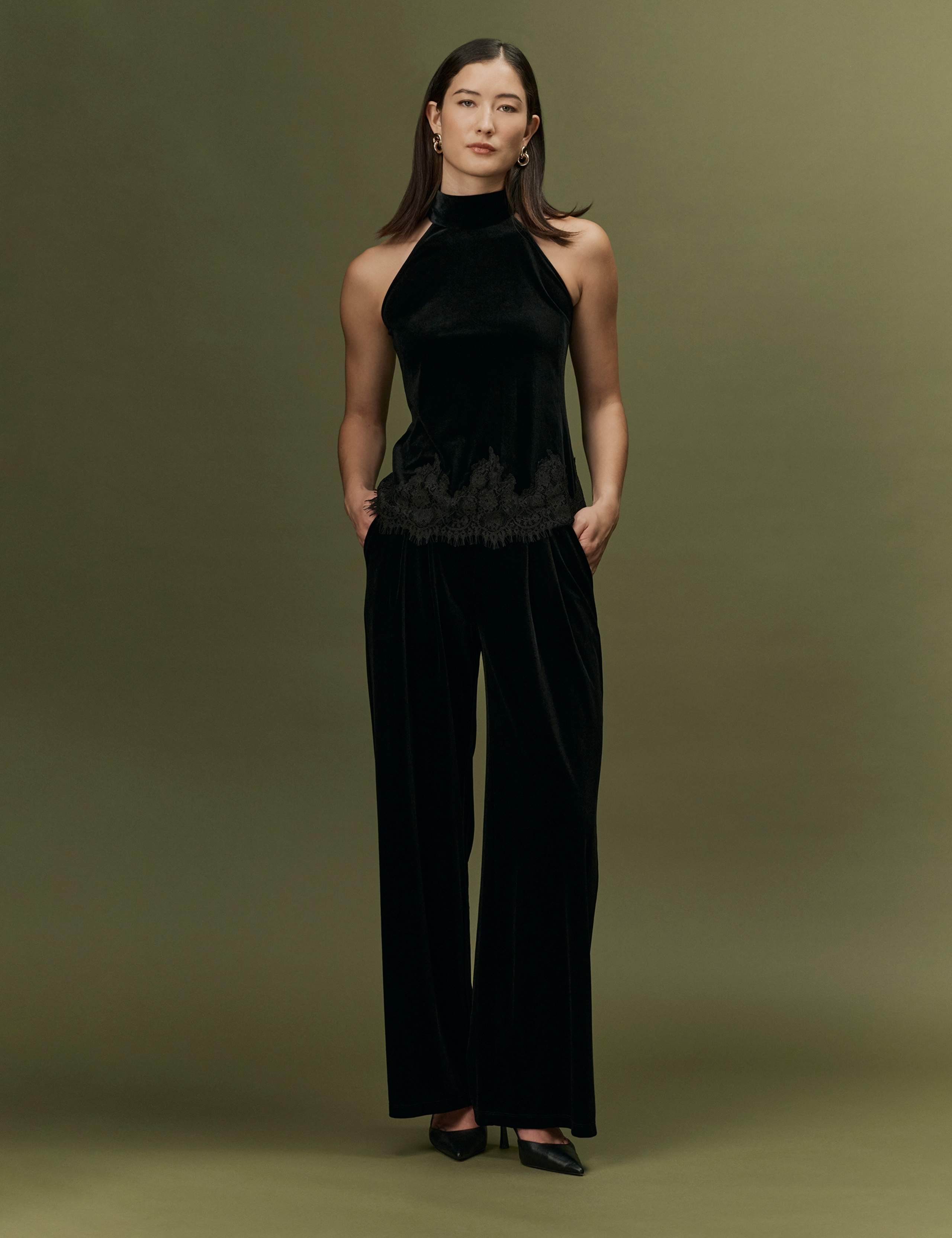 Velvet High Neck Tie Detail Top 9 of 12