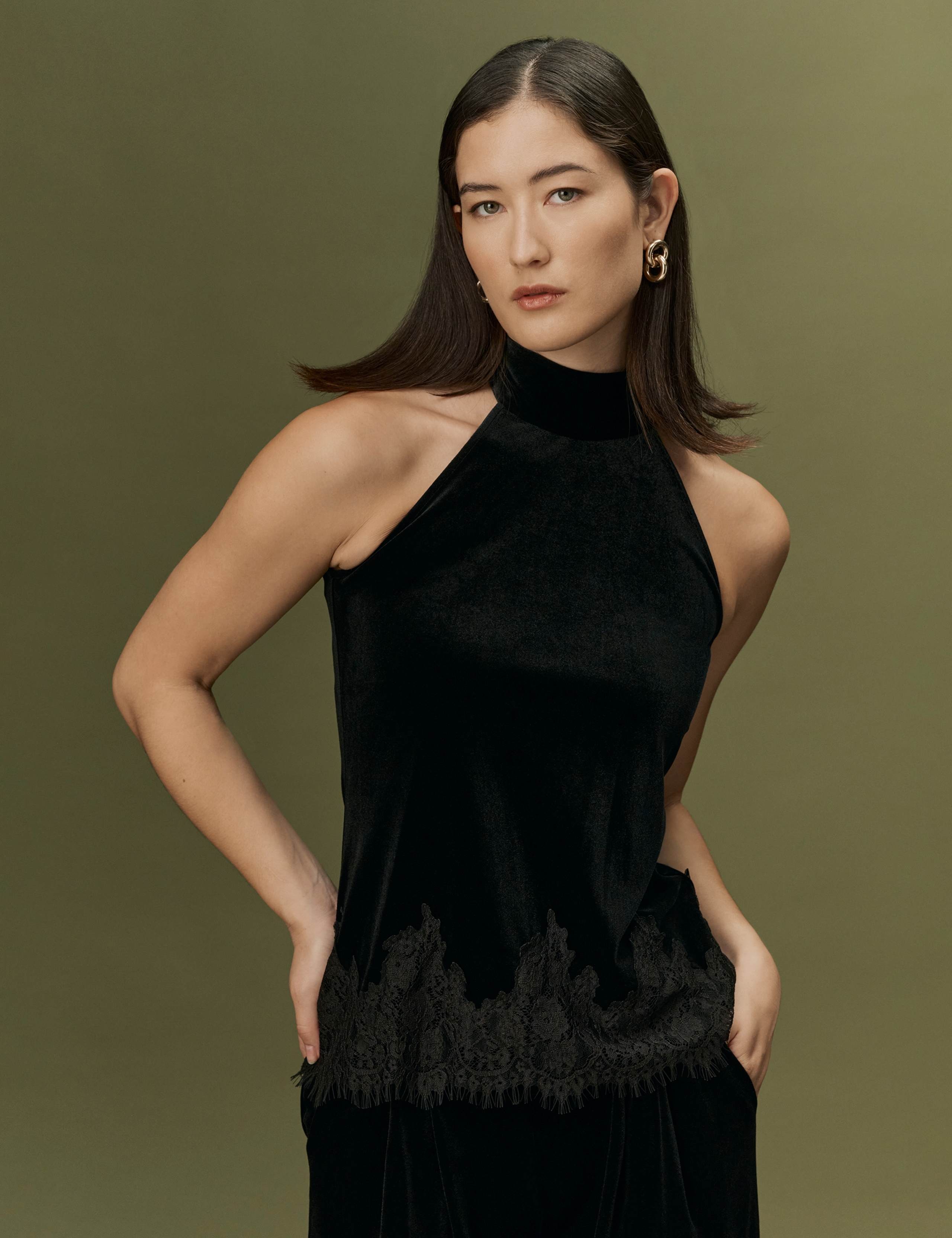 Velvet High Neck Tie Detail Top 10 of 12