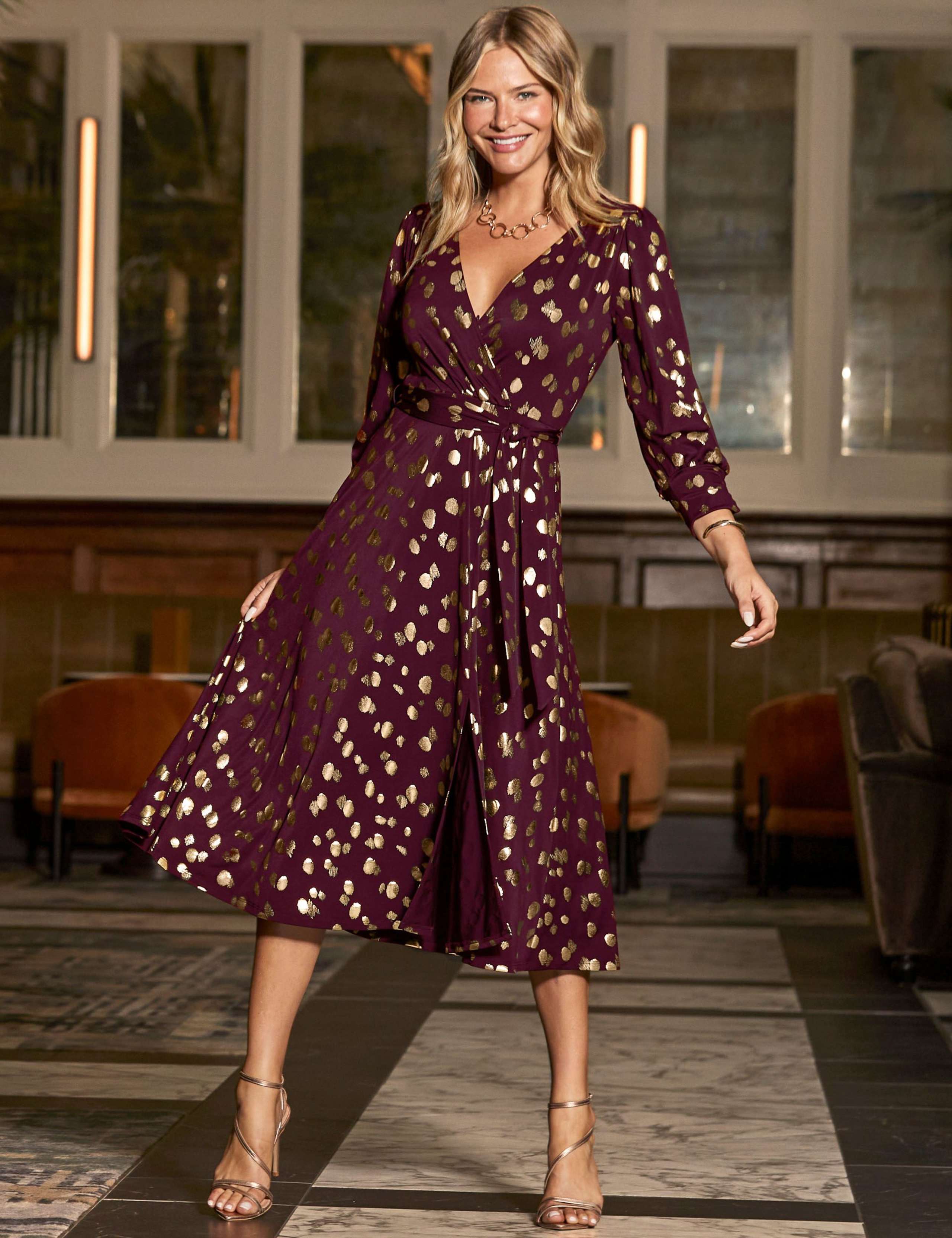Metallic Spot Print V-Neck Wrap Midi Dress 3 of 5