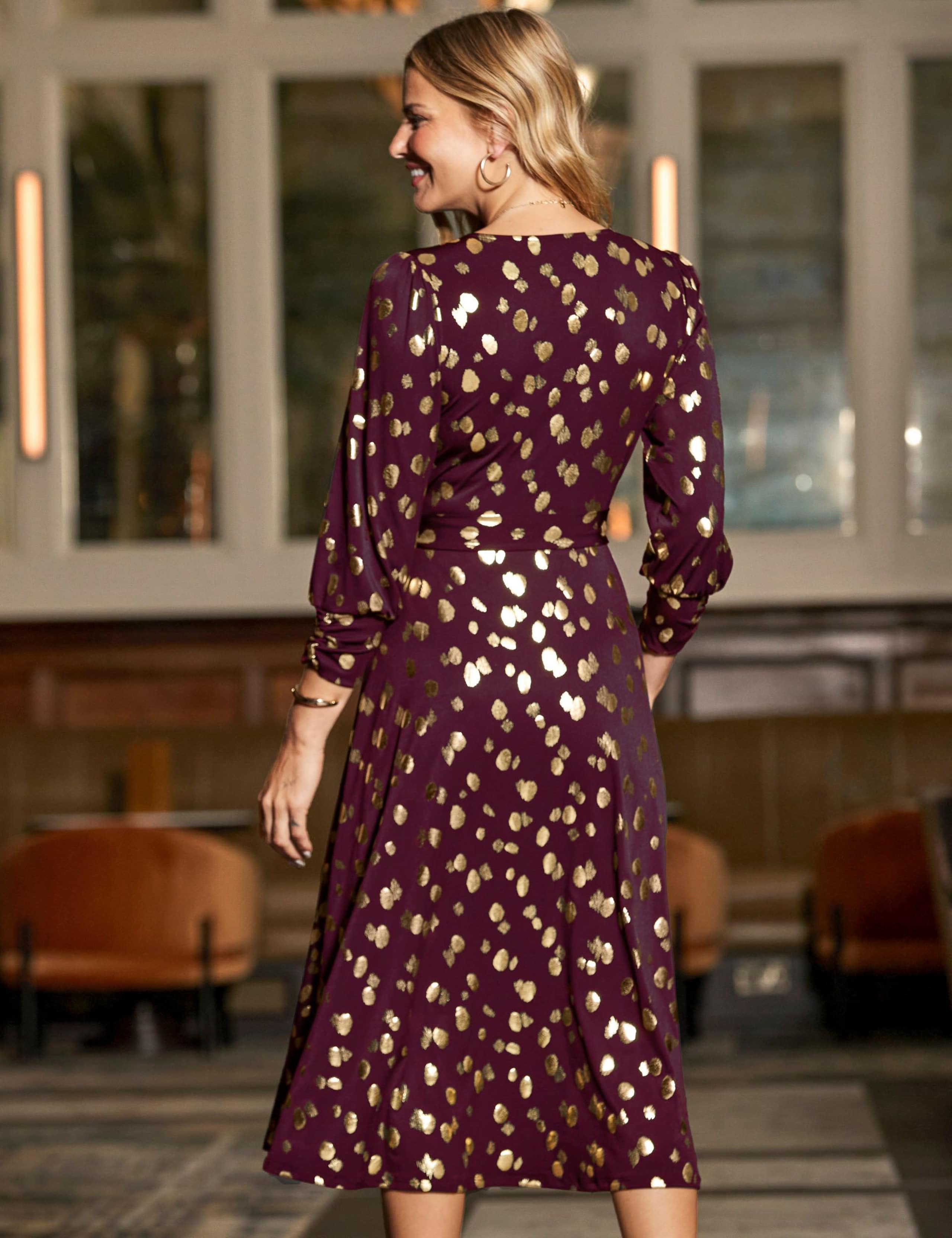 Metallic Spot Print V-Neck Wrap Midi Dress 4 of 5