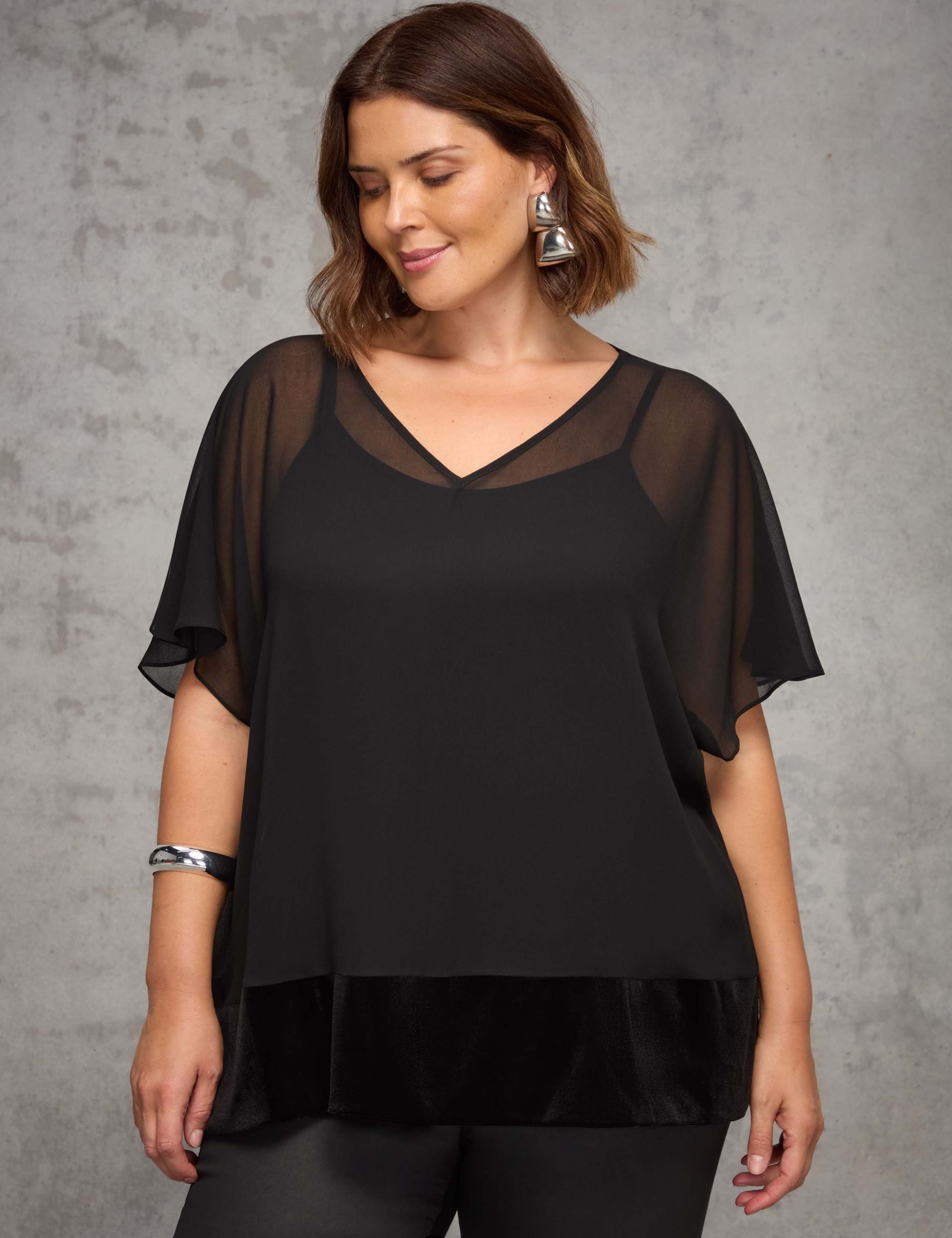 V-Neck Velvet Trim Angel Sleeve Top 1 of 3