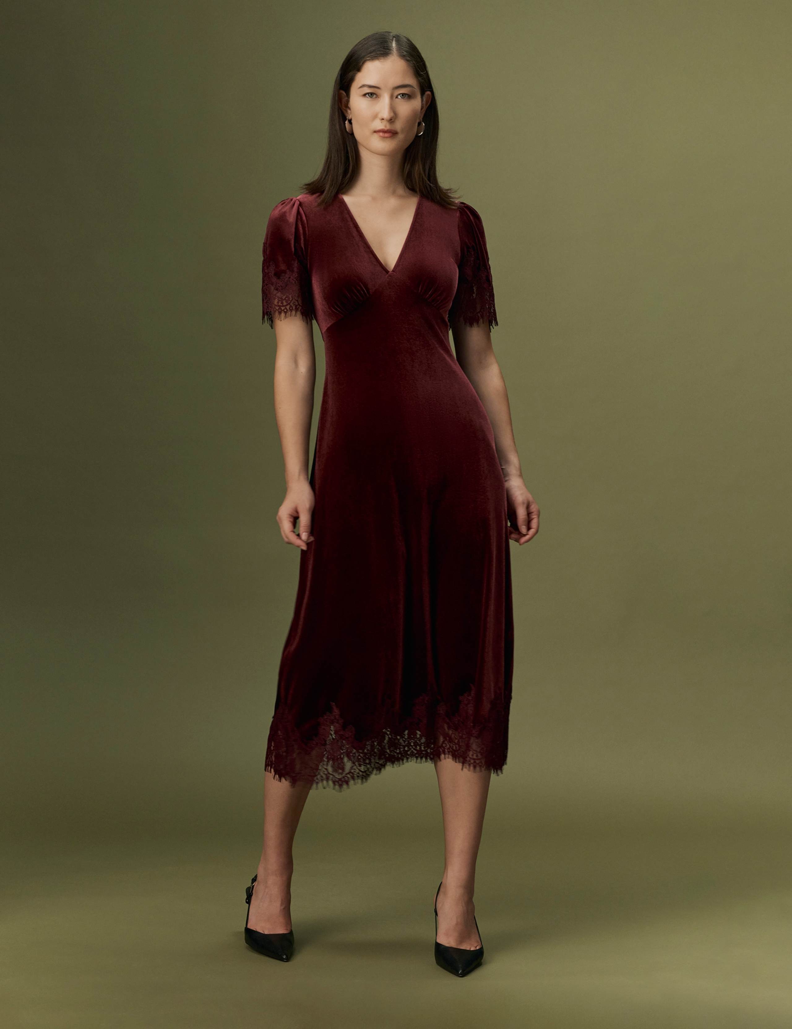 Velvet V-Neck Empire Line Midi Dress 2 of 9