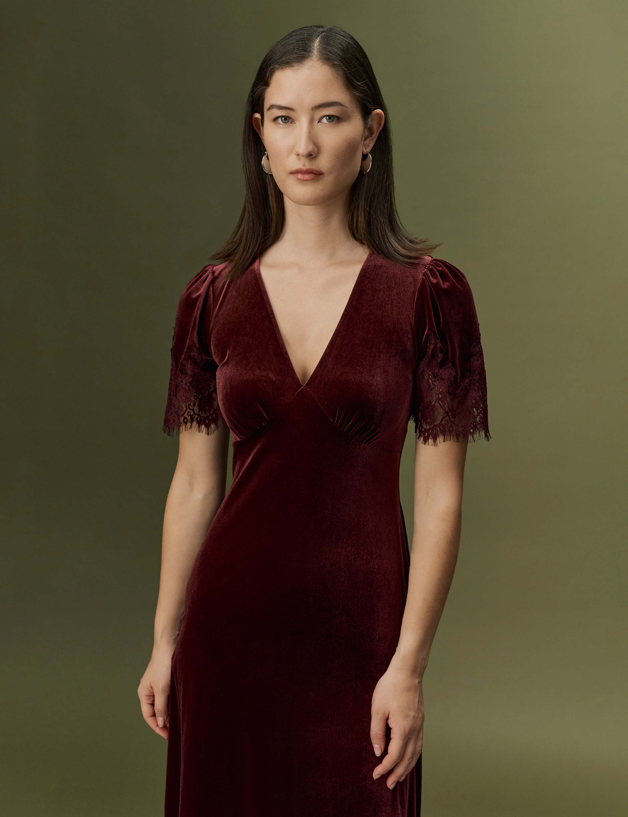 Velvet V-Neck Empire Line Midi Dress 3 of 9