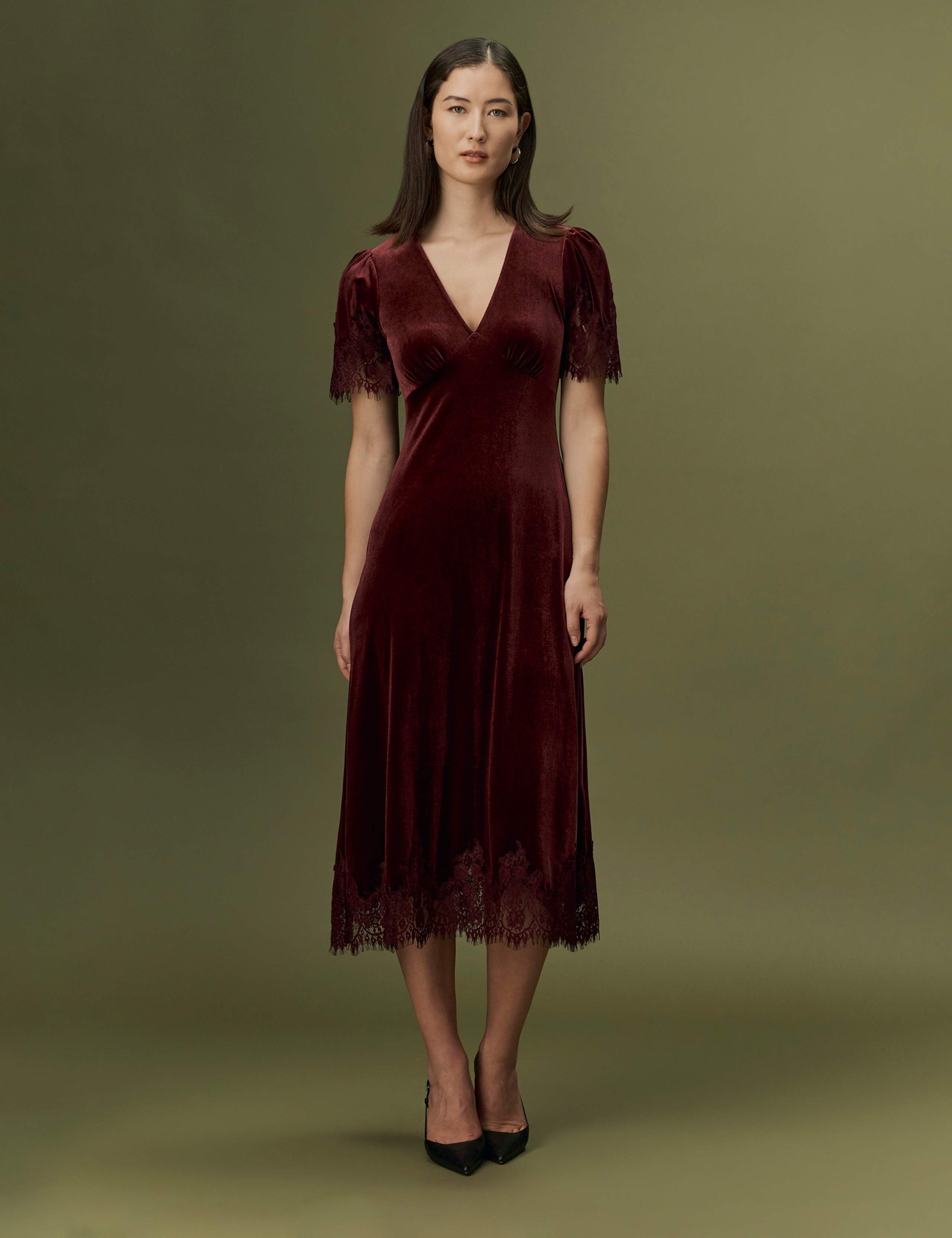 Velvet V-Neck Empire Line Midi Dress 4 of 9