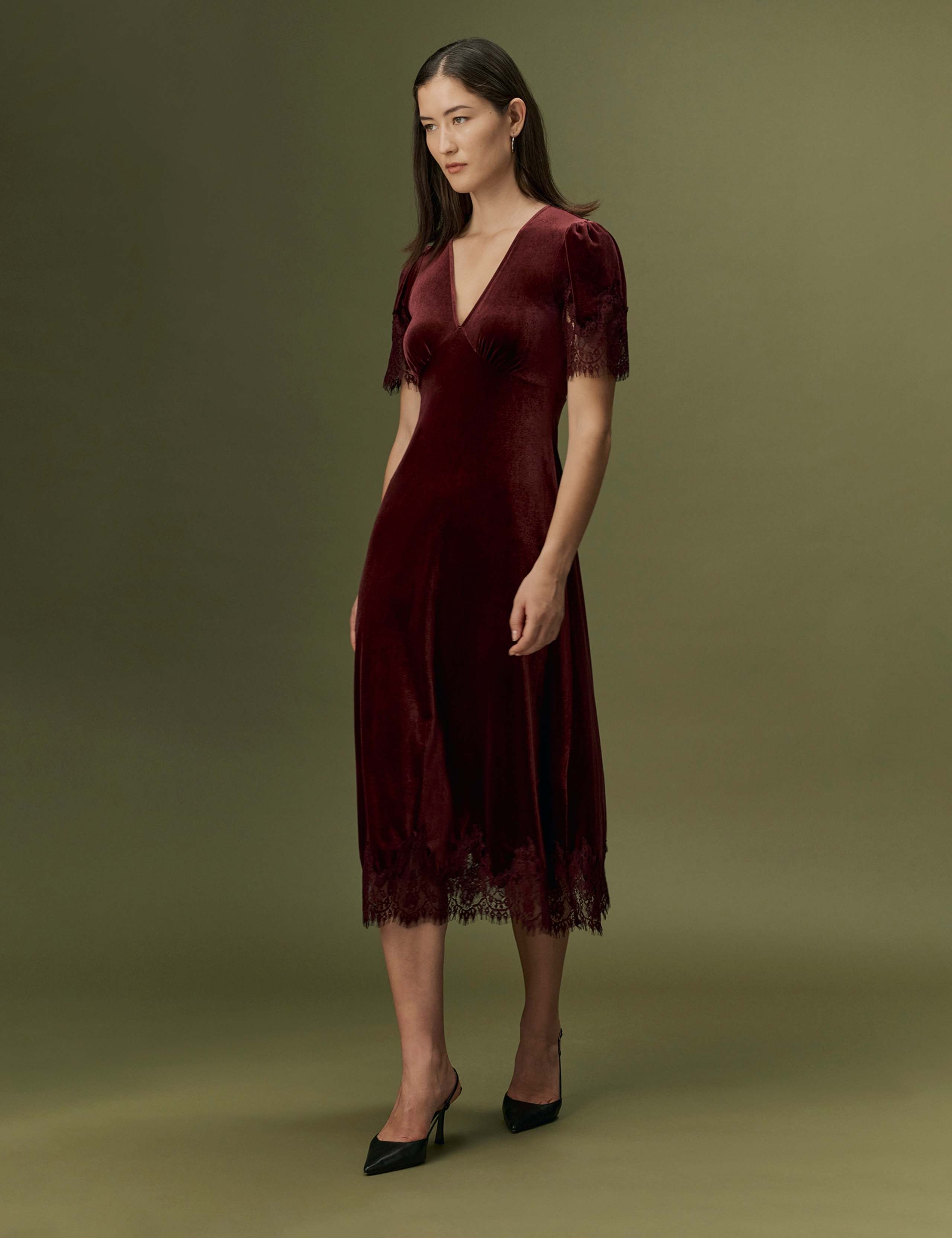 Velvet V-Neck Empire Line Midi Dress 5 of 9