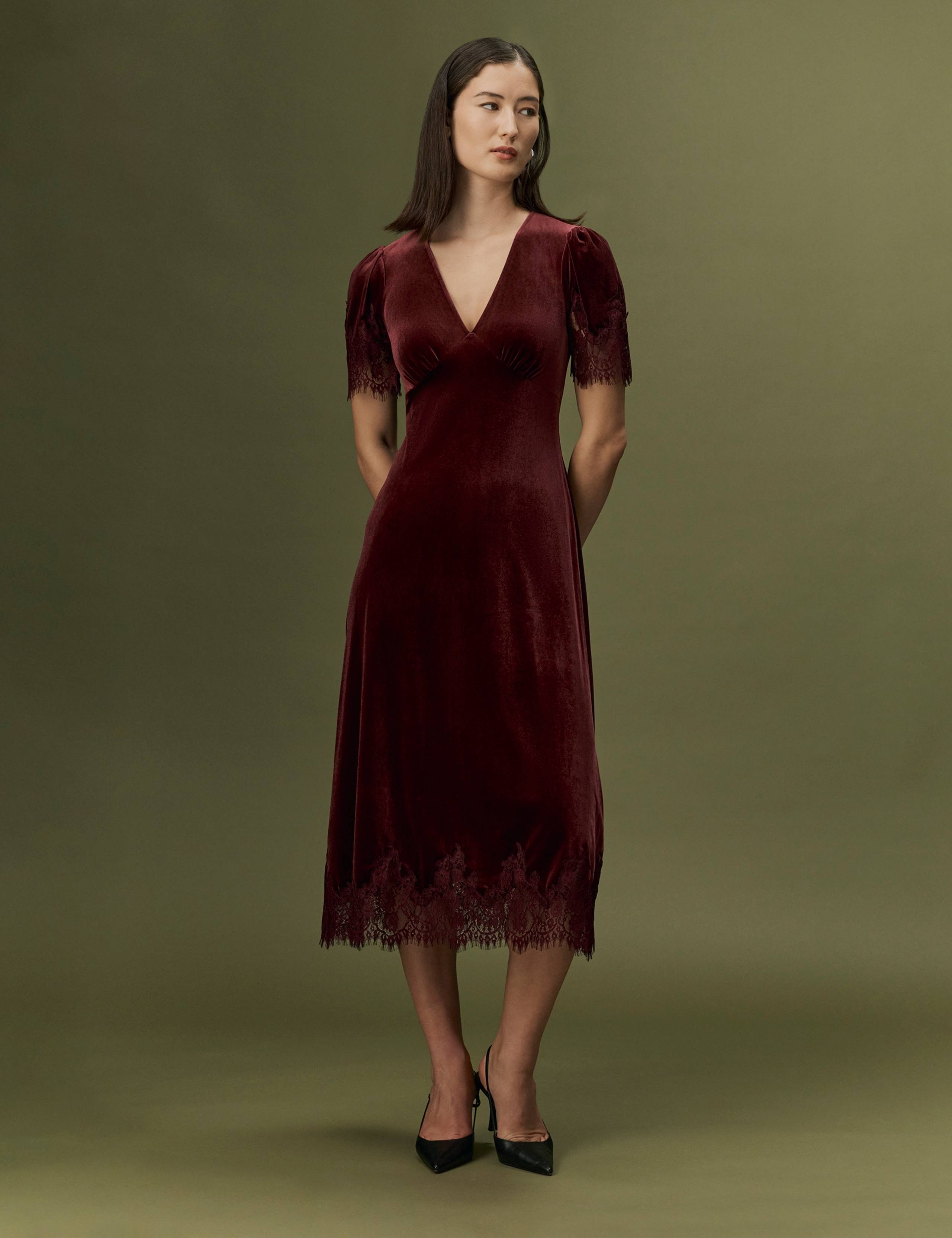 Velvet V-Neck Empire Line Midi Dress 6 of 9