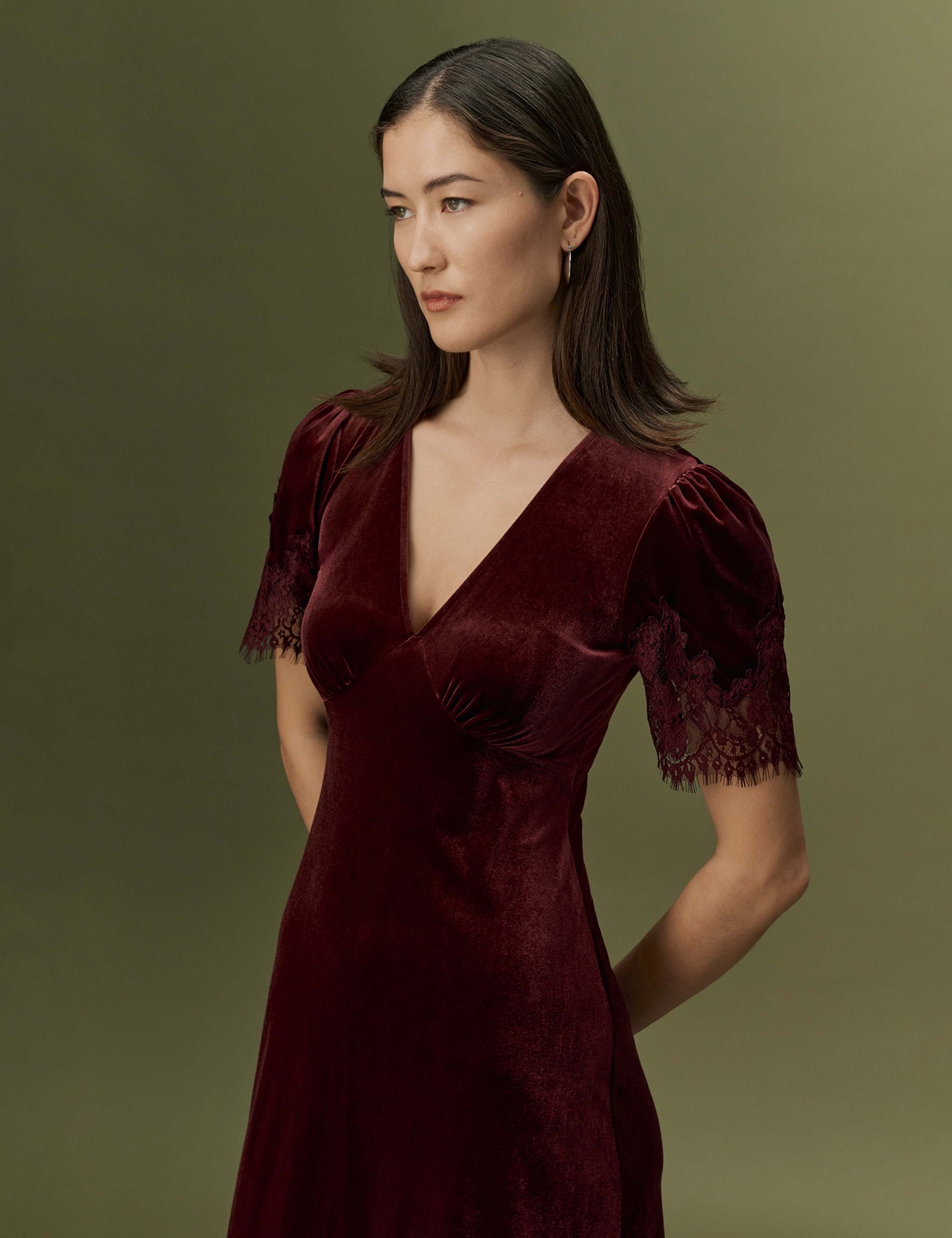 Velvet V-Neck Empire Line Midi Dress 7 of 9