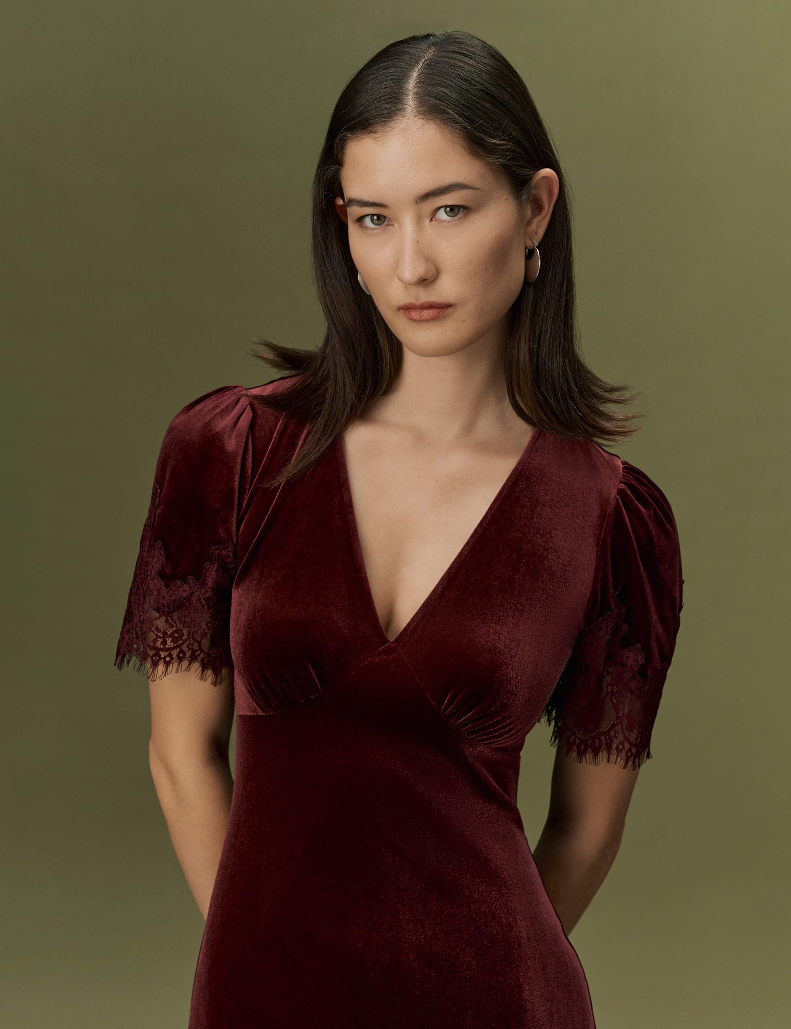 Velvet V-Neck Empire Line Midi Dress 8 of 9