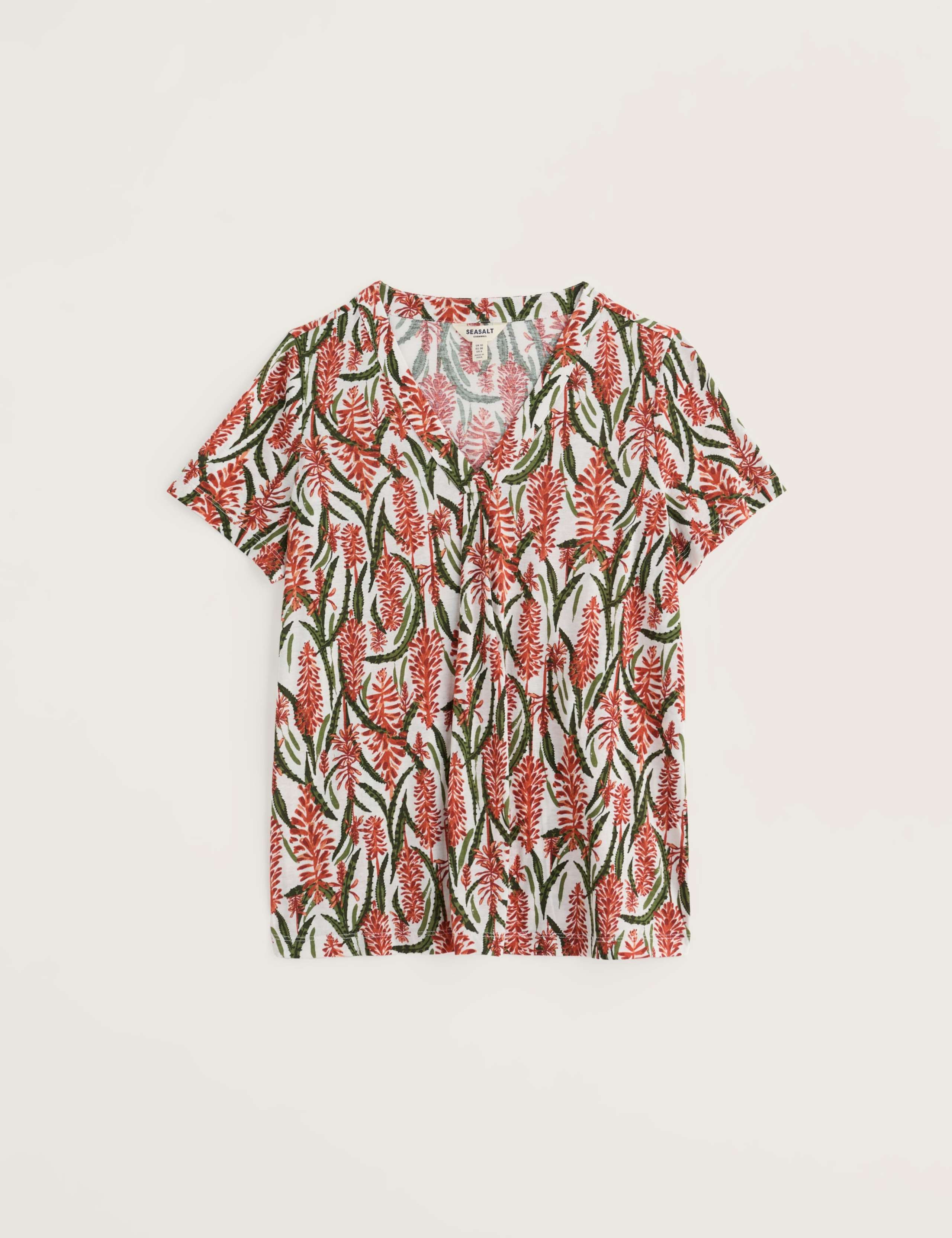 Cotton Rich Floral V-Neck Pleat Detail Top 2 of 5