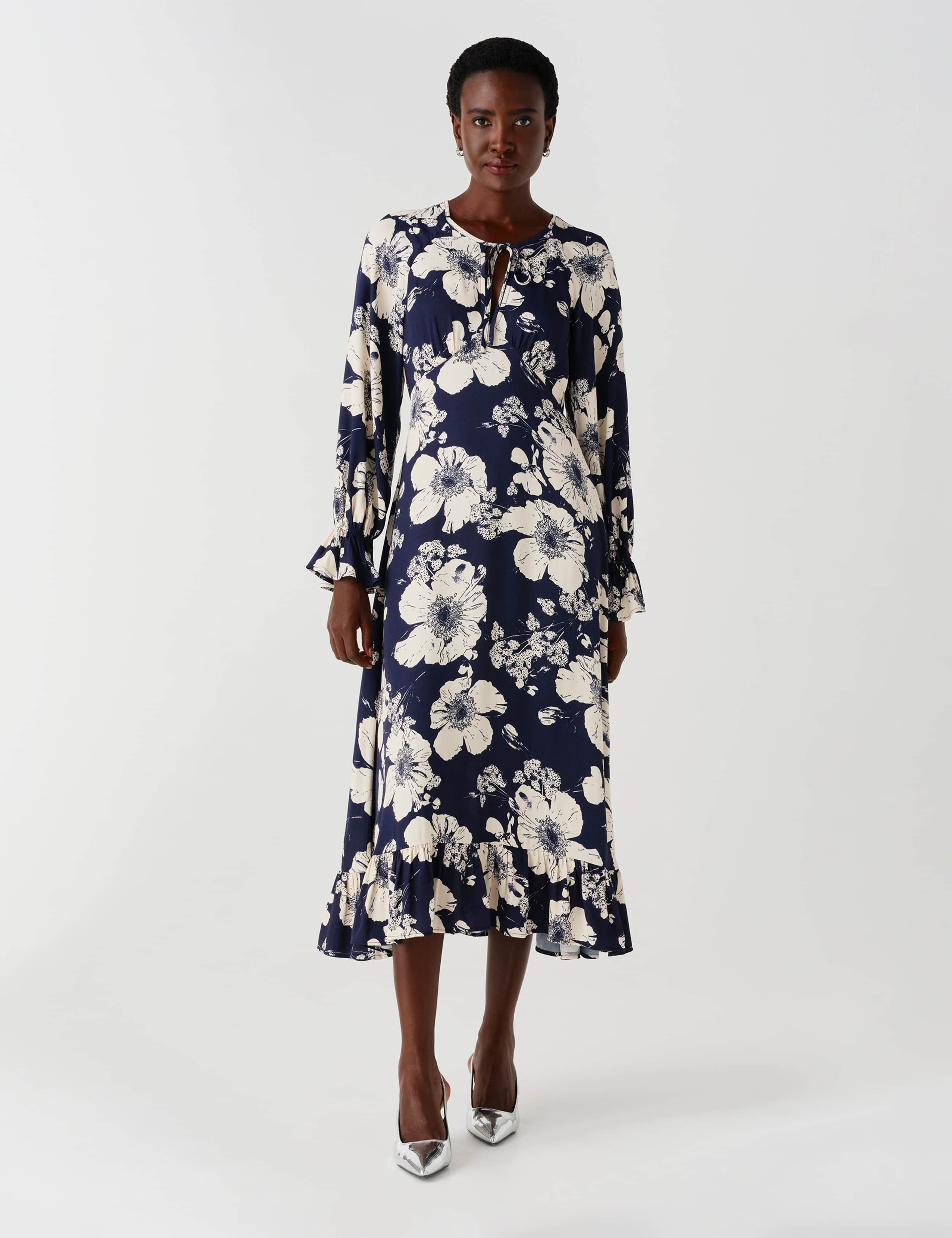 Crepe Floral Keyhole Midi Tea Dress 1 of 8