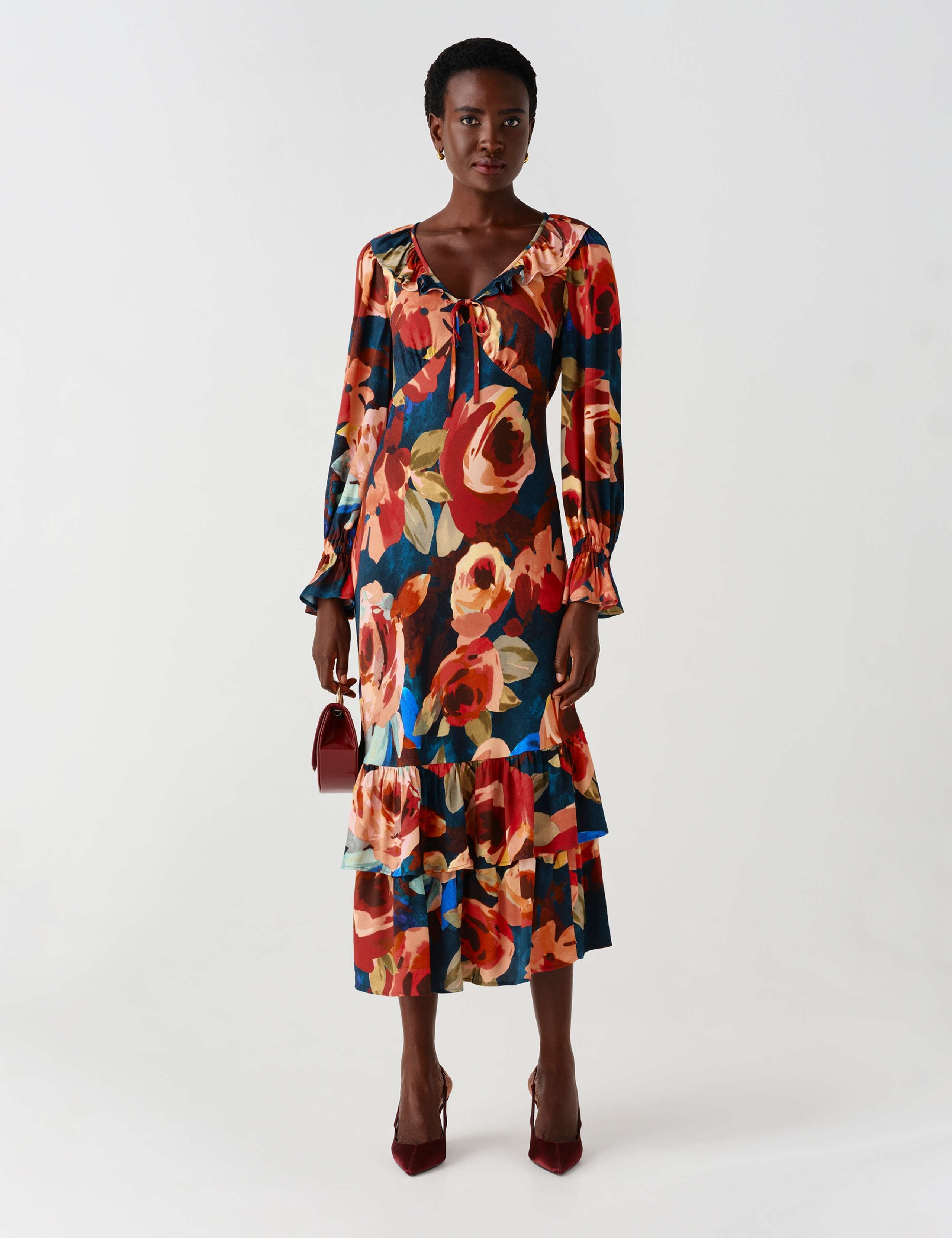 Crepe Floral V Neck Frill Midi Tiered Dress 1 of 13