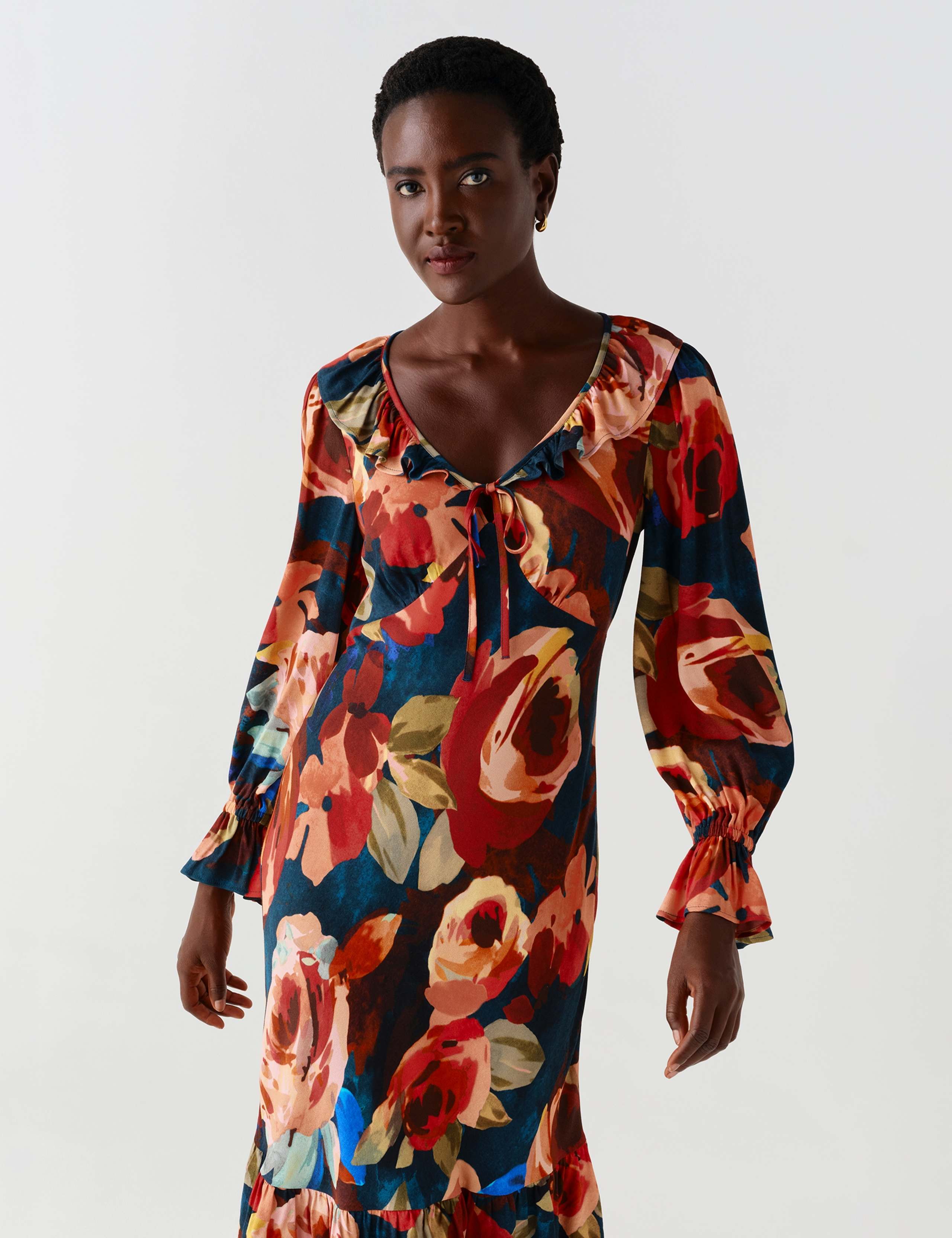 Crepe Floral V Neck Frill Midi Tiered Dress 2 of 13