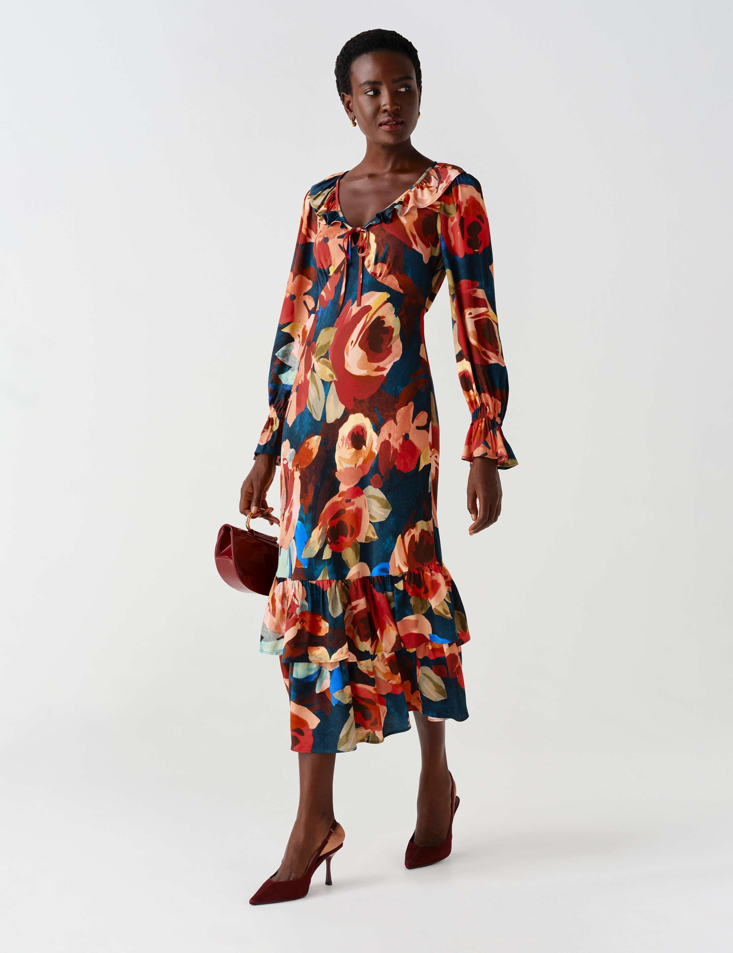 Crepe Floral V Neck Frill Midi Tiered Dress 11 of 13