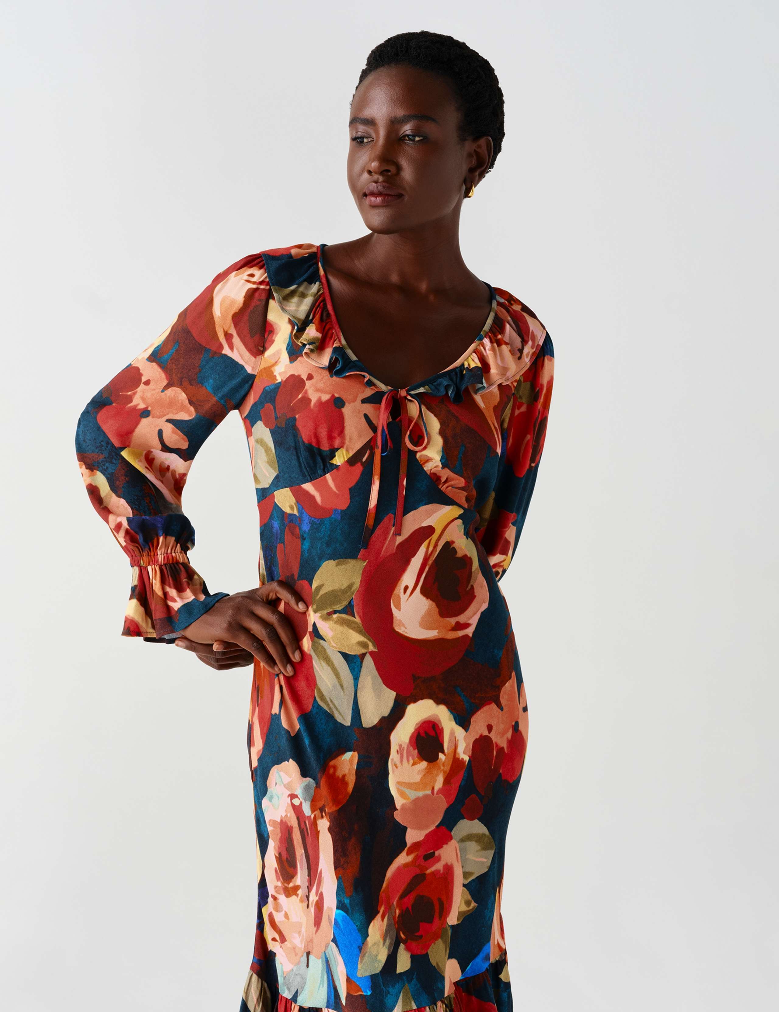 Crepe Floral V Neck Frill Midi Tiered Dress 12 of 13