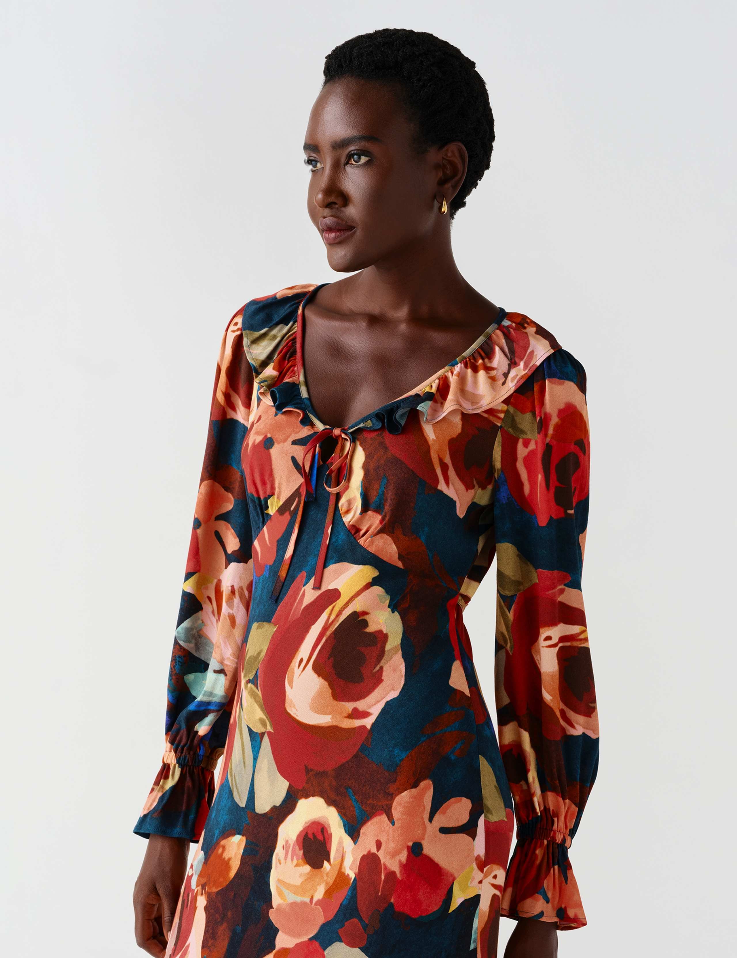 Crepe Floral V Neck Frill Midi Tiered Dress 13 of 13