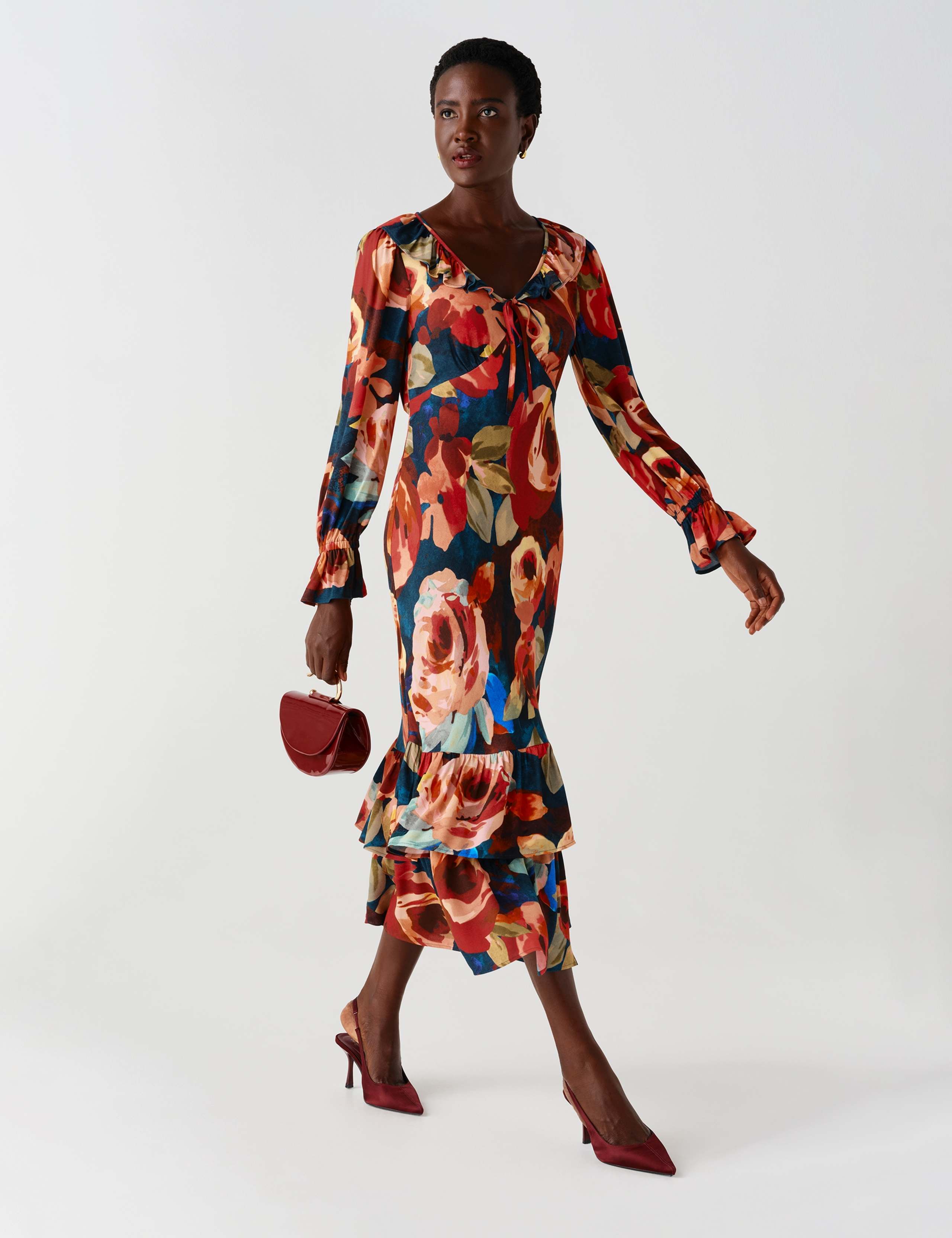 Crepe Floral V Neck Frill Midi Tiered Dress 3 of 13