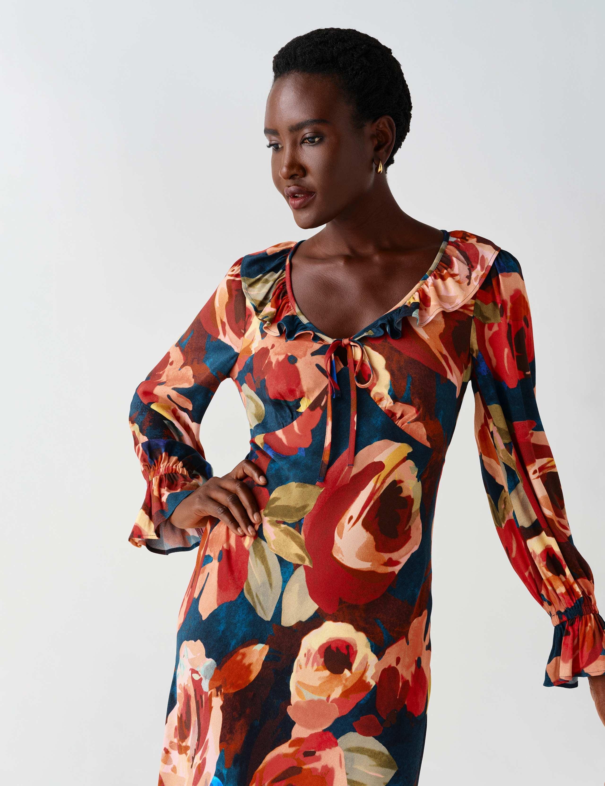 Crepe Floral V Neck Frill Midi Tiered Dress 4 of 13
