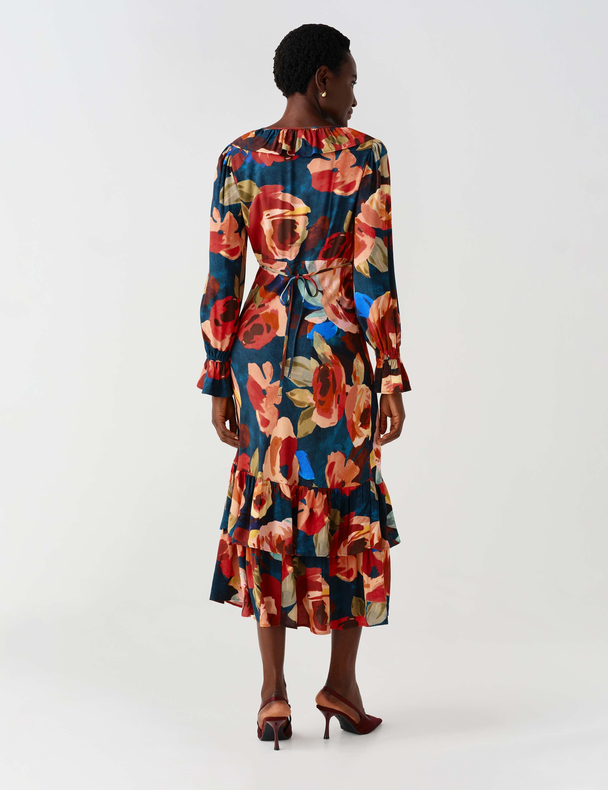 Crepe Floral V Neck Frill Midi Tiered Dress 5 of 13