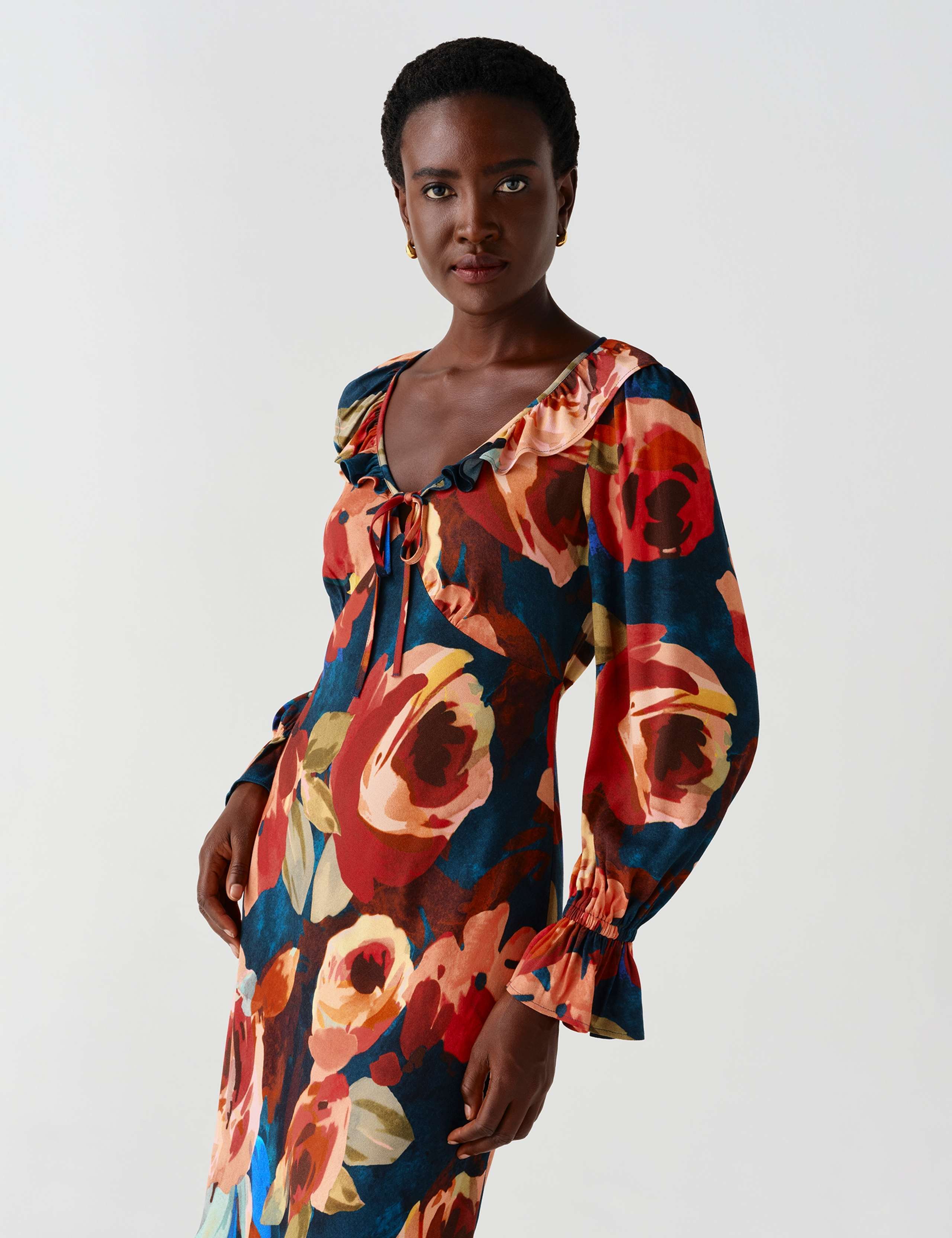 Crepe Floral V Neck Frill Midi Tiered Dress 6 of 13