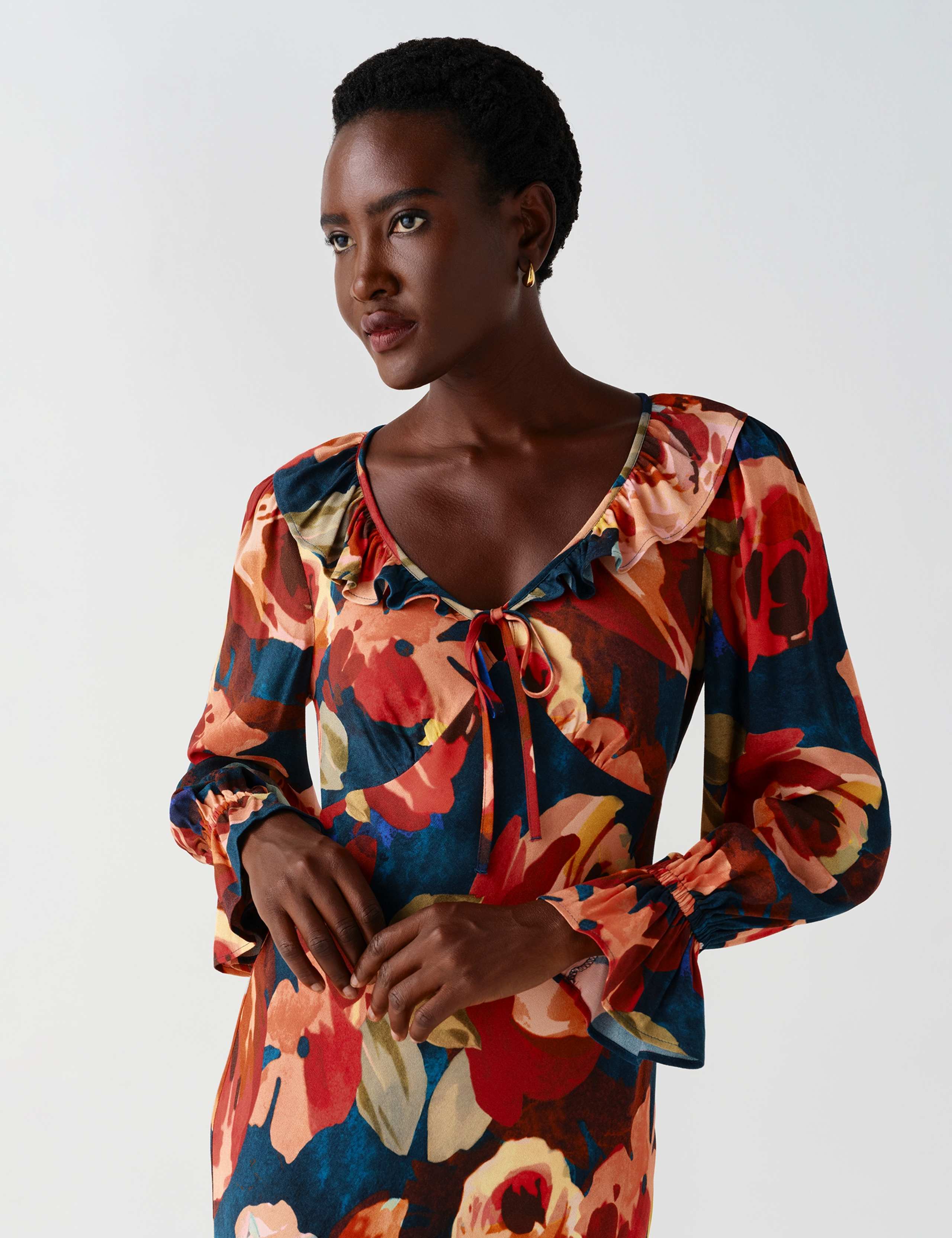 Crepe Floral V Neck Frill Midi Tiered Dress 7 of 13
