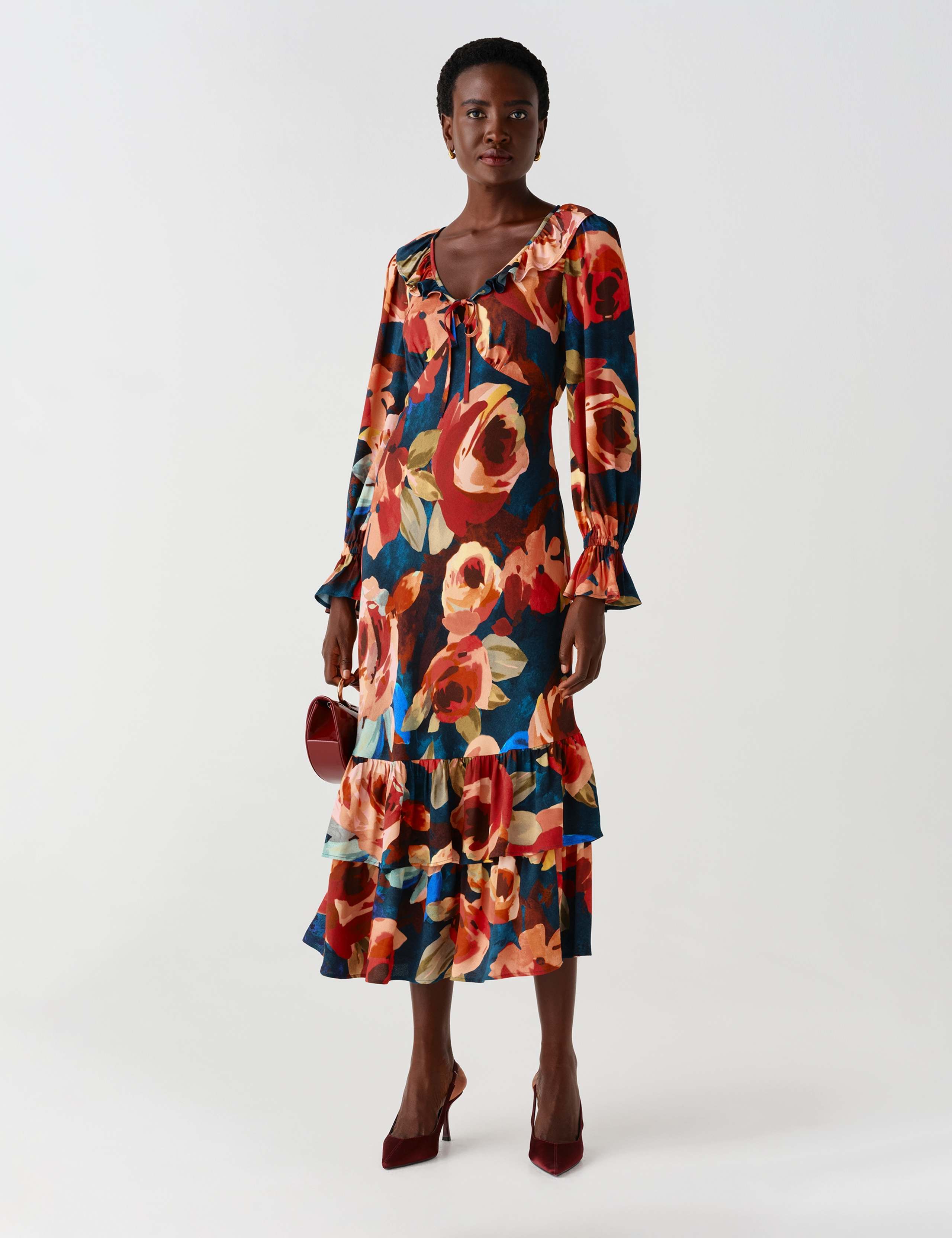 Crepe Floral V Neck Frill Midi Tiered Dress 8 of 13