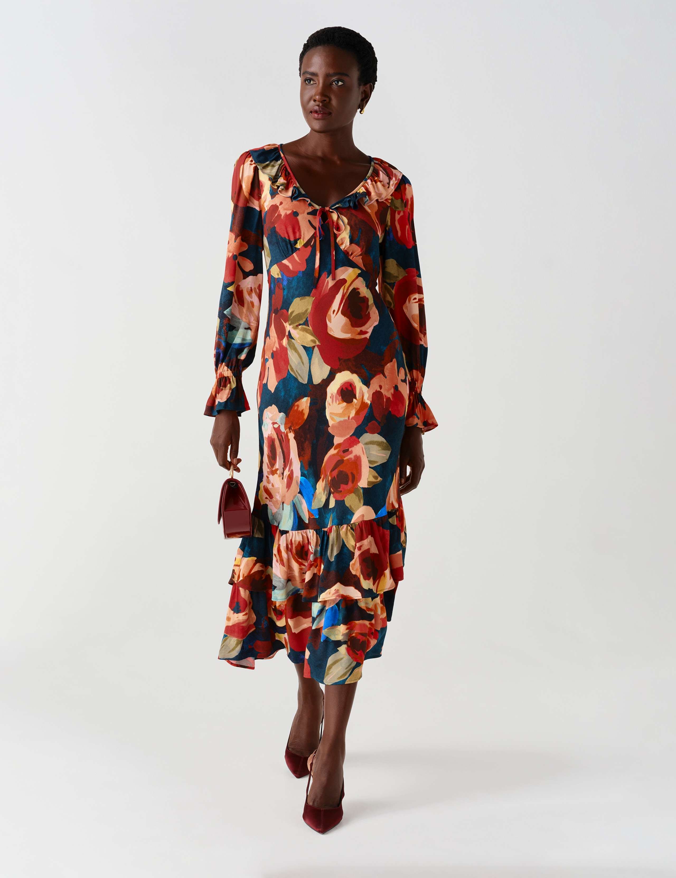 Crepe Floral V Neck Frill Midi Tiered Dress 9 of 13