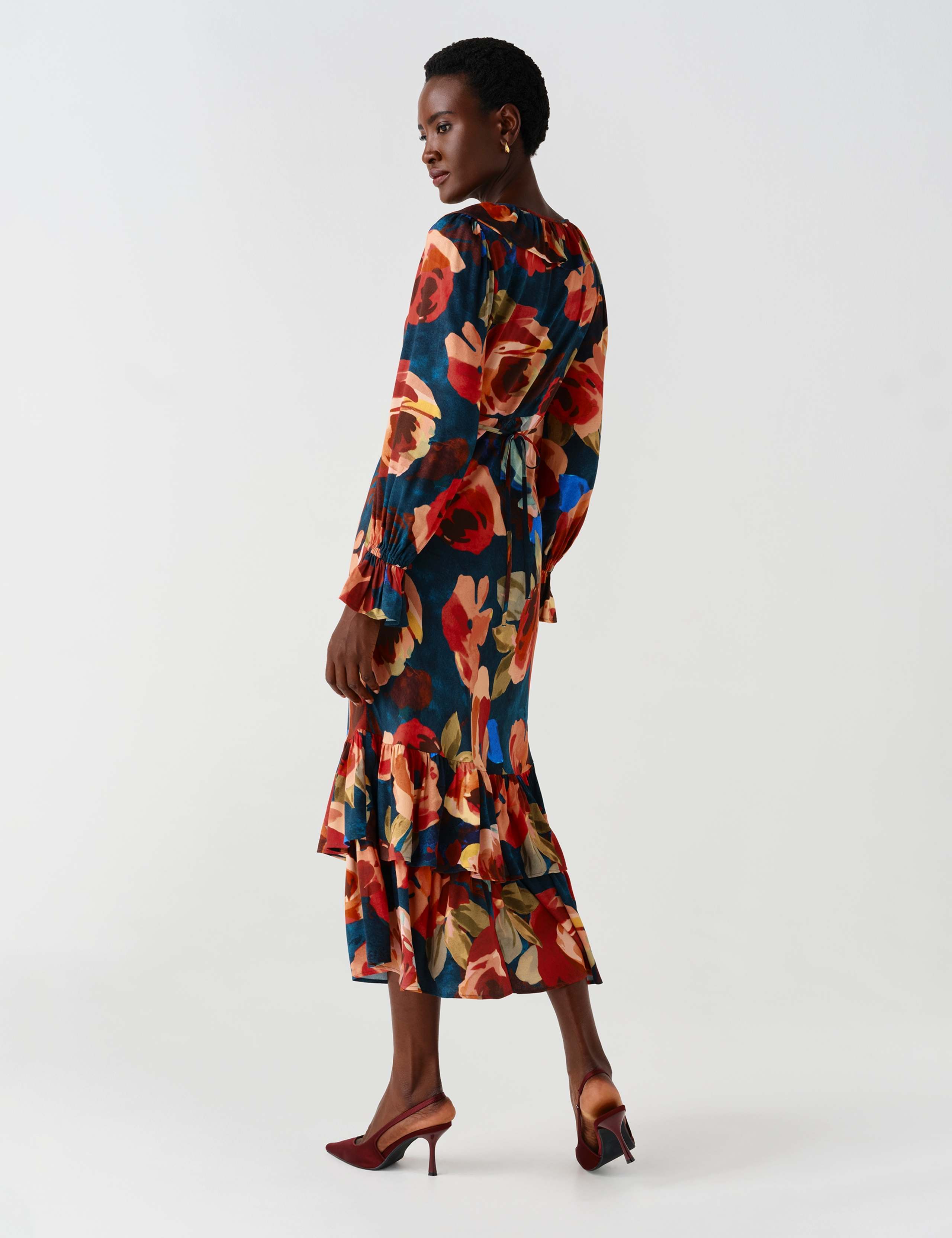 Crepe Floral V Neck Frill Midi Tiered Dress 10 of 13