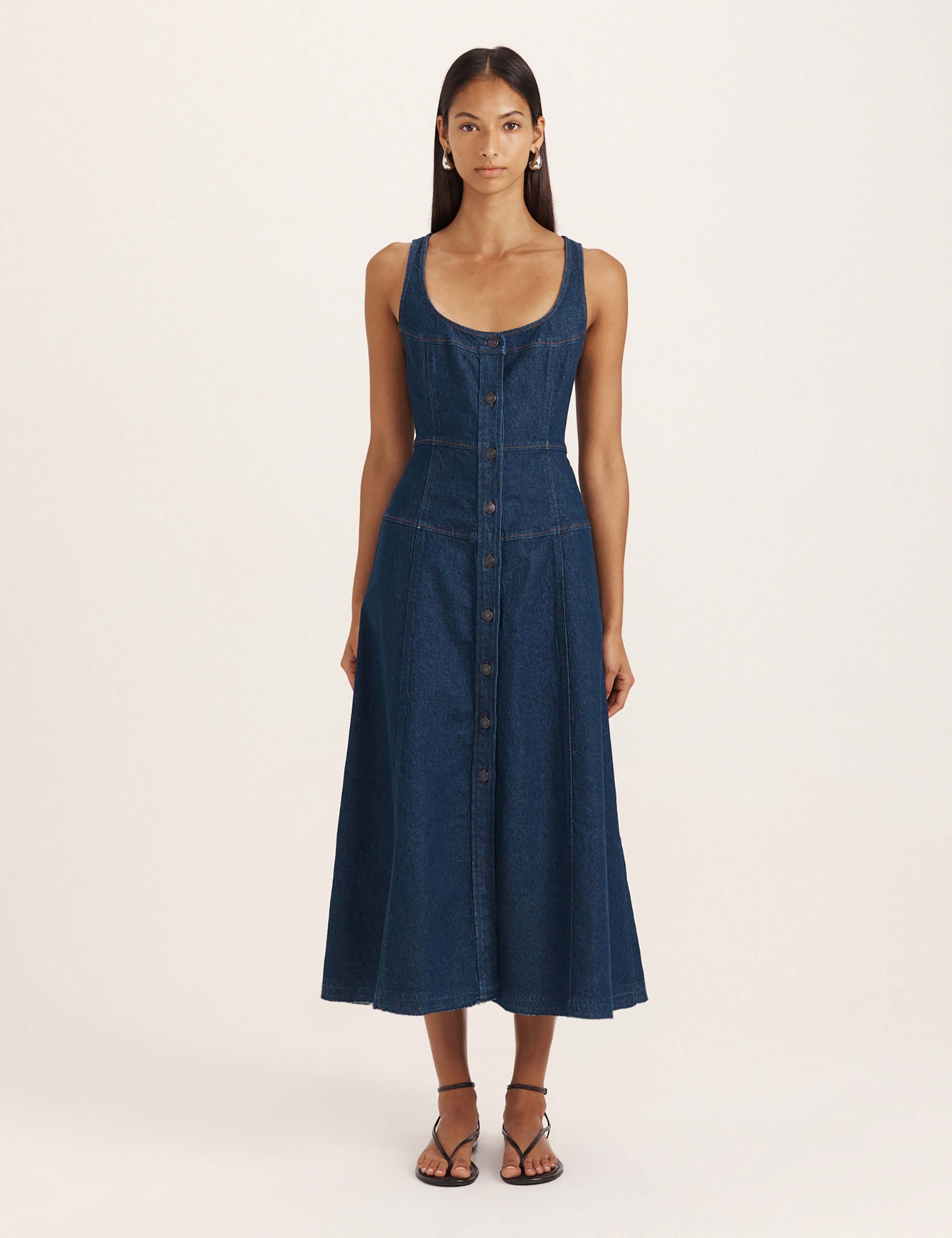 Denim Scoop Neck Midi Skater Dress 1 of 8