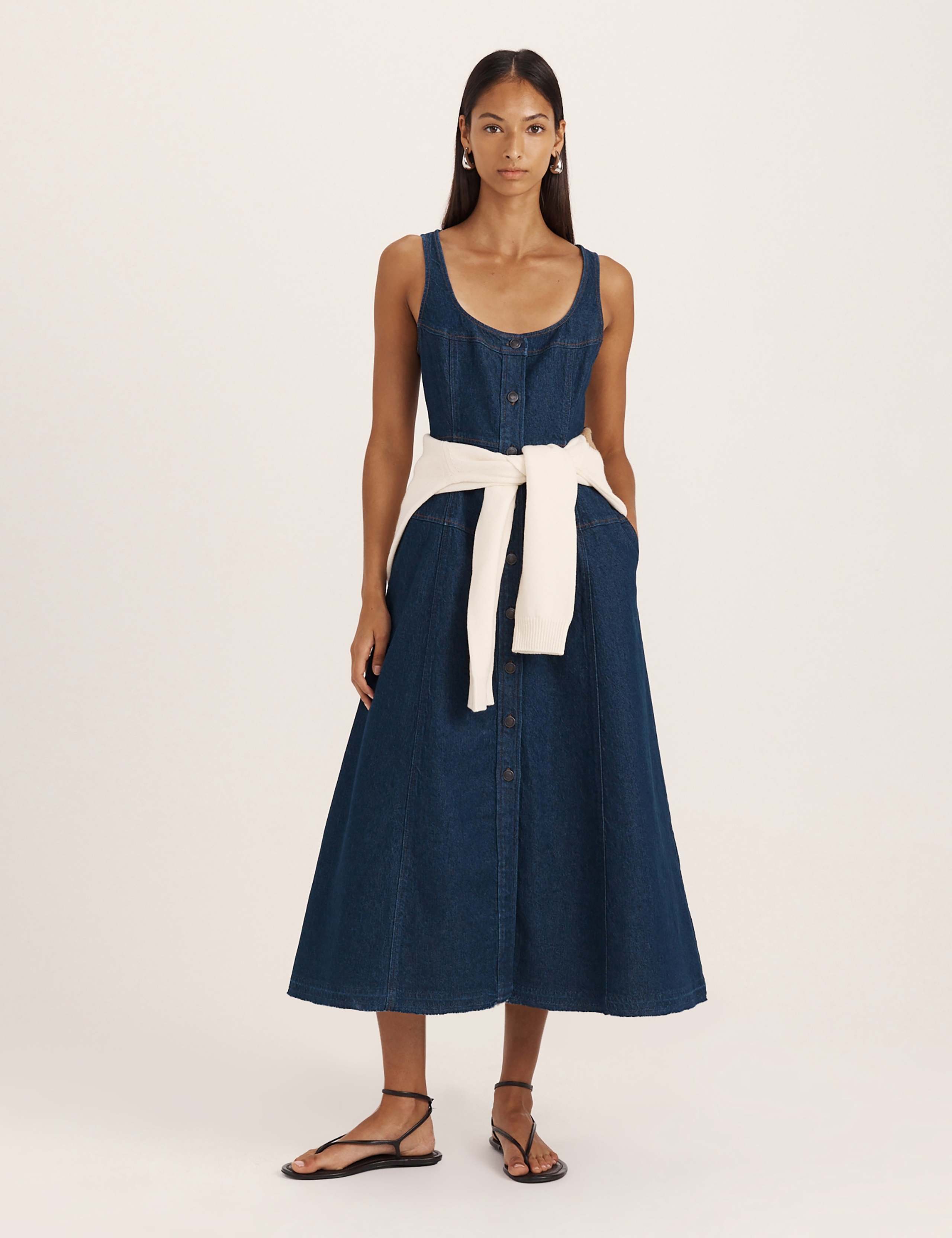 Denim Scoop Neck Midi Skater Dress 2 of 8