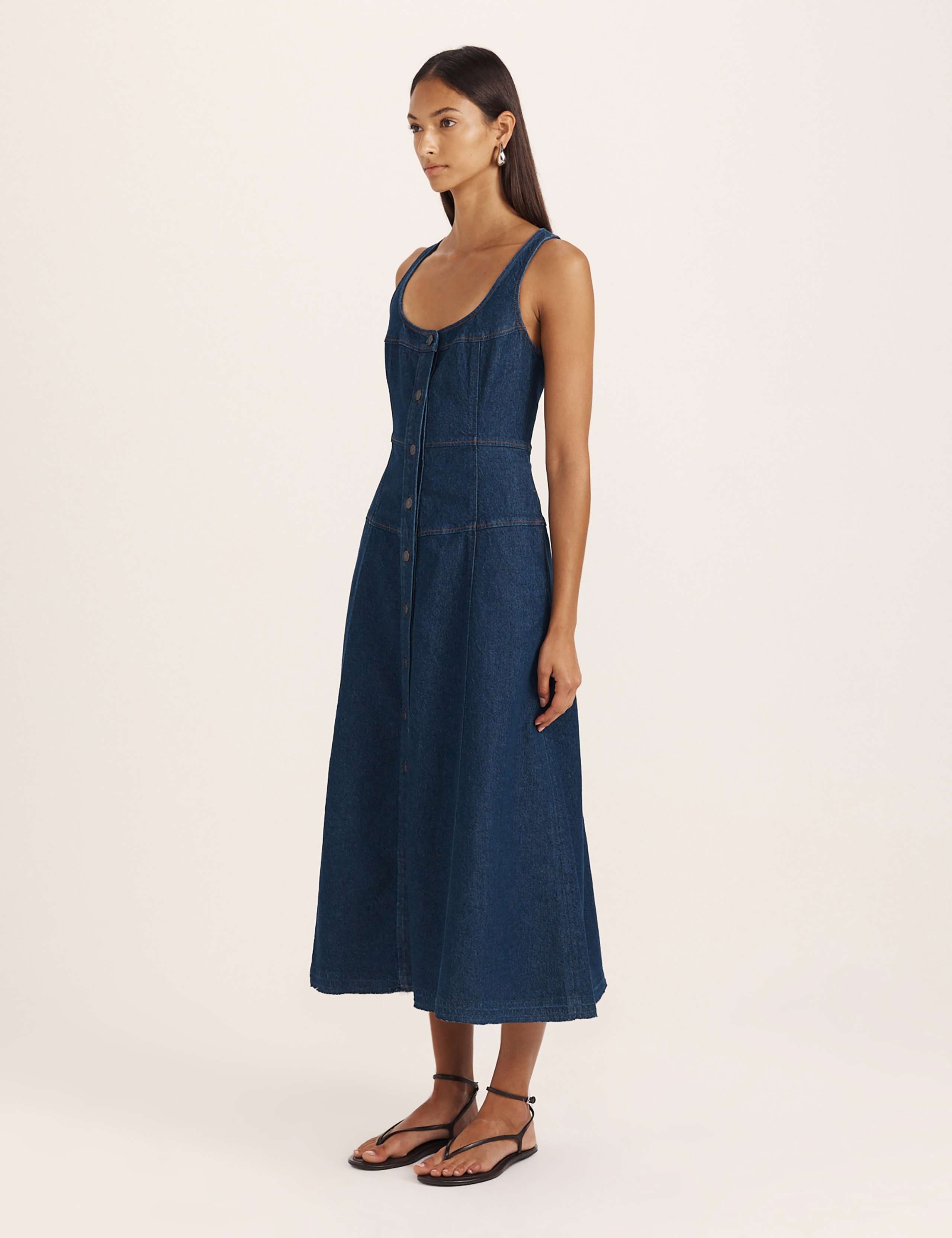 Denim Scoop Neck Midi Skater Dress 3 of 8