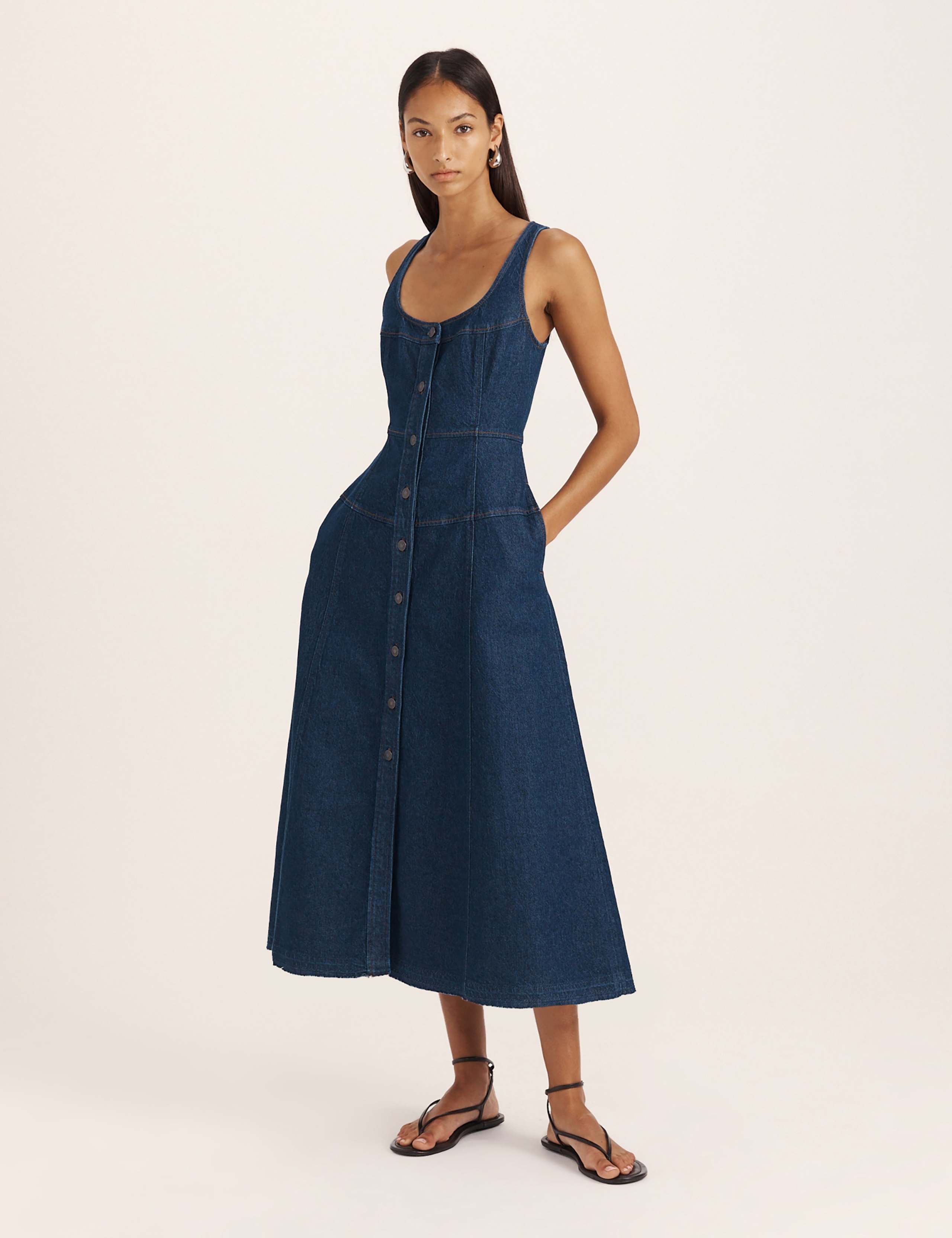 Denim Scoop Neck Midi Skater Dress 4 of 8