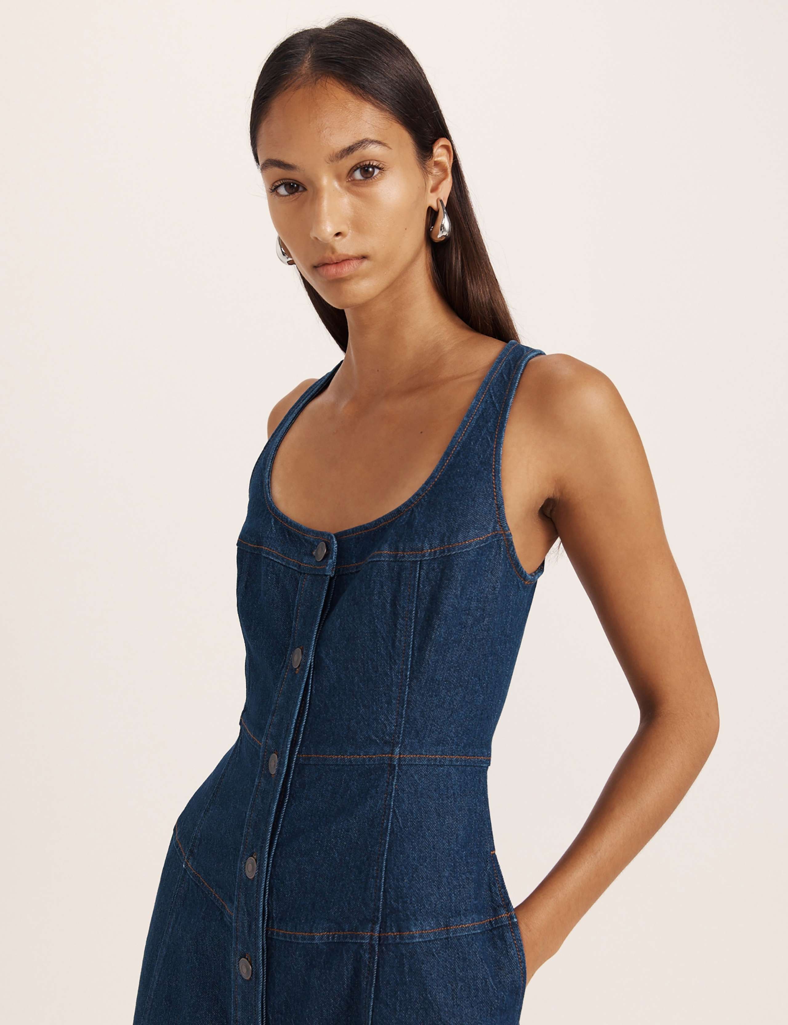 Denim Scoop Neck Midi Skater Dress 7 of 8