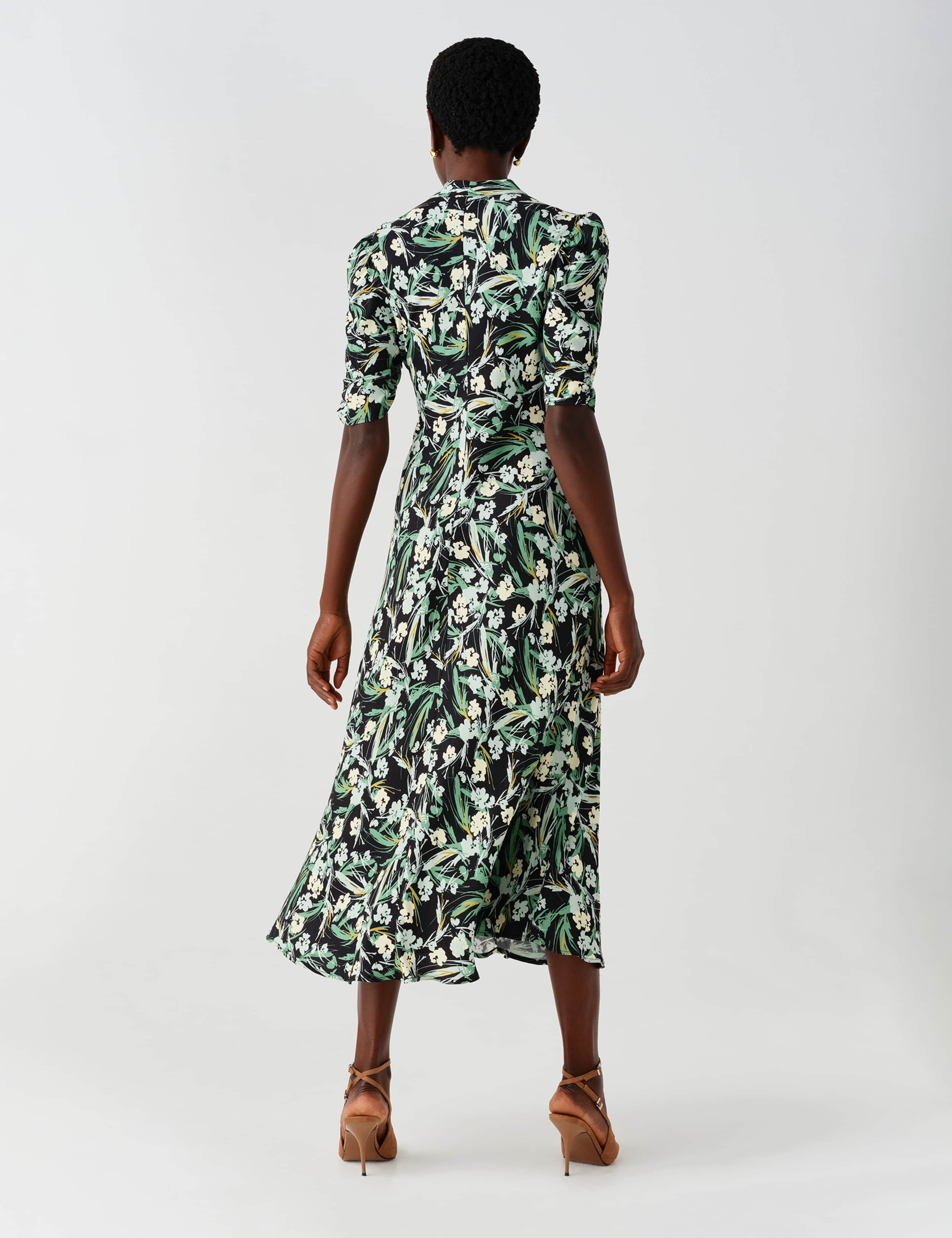 Crepe Floral V Neck Puff Sleeve Tea Dress 6 of 8