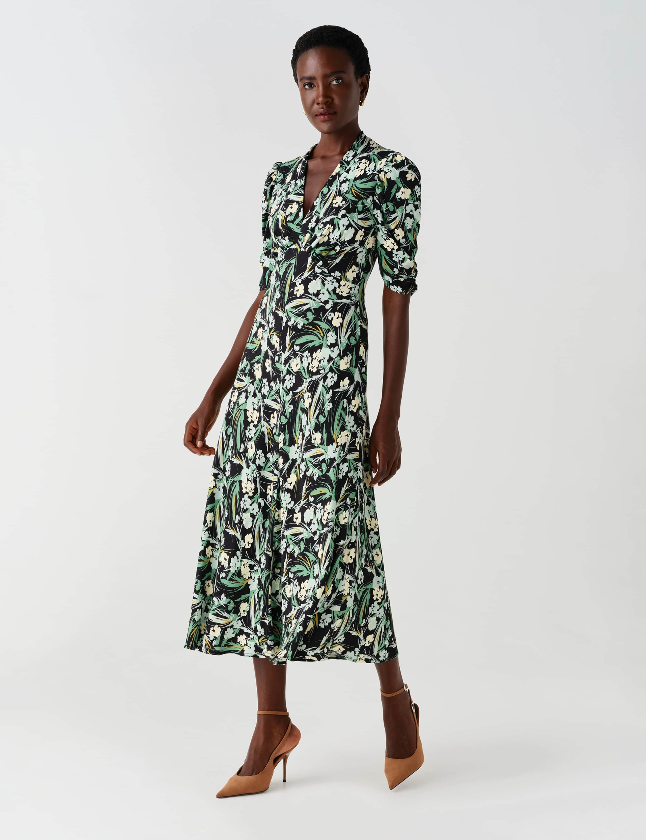 Crepe Floral V Neck Puff Sleeve Tea Dress 7 of 8